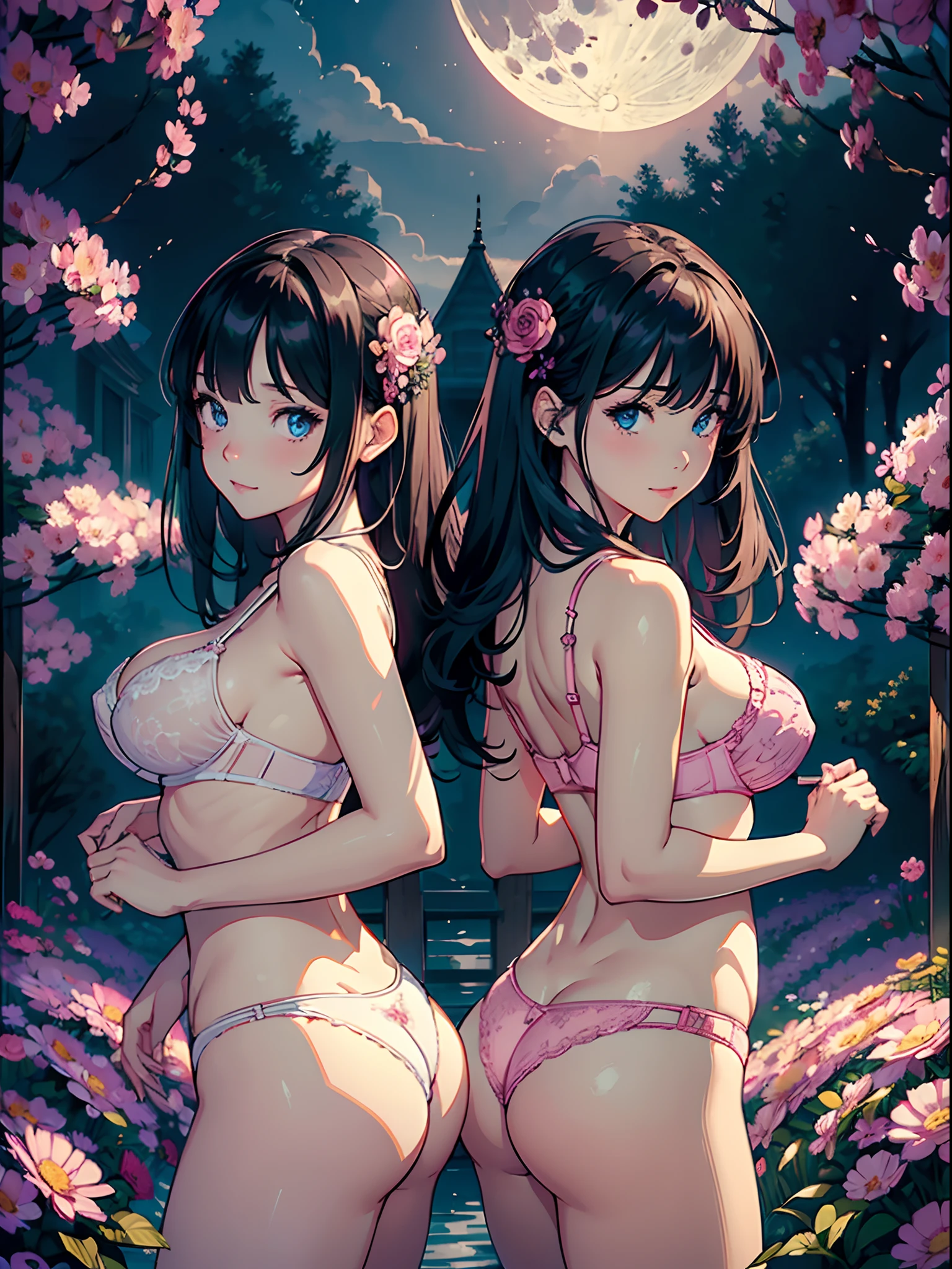 (master piece:1.3),hyper quality, Hyper Detailed,Perfect drawing,nfsw,3D,8K,Illustration、Hi-Res、Pair of girls in lingerie and flowers and manga art, breasts, Bra, Ass, Underwear, Panties, Multiple girls, flower, 2girls, ((ass-to-ass)), Pink Panties, Pink bra, Long hair, Looking at Viewer, Smile, Underwear only, Black hair, Moon, ((Back-to-back)), Hair Ornament, Large breasts, Blue eyes, Hair Flower, Closed mouth, Bangs, fullmoon, Cowboy Shot,nice background、beatiful backgrounds、Detailed drawing、Perfect Beautiful Girl、Perfect Photo