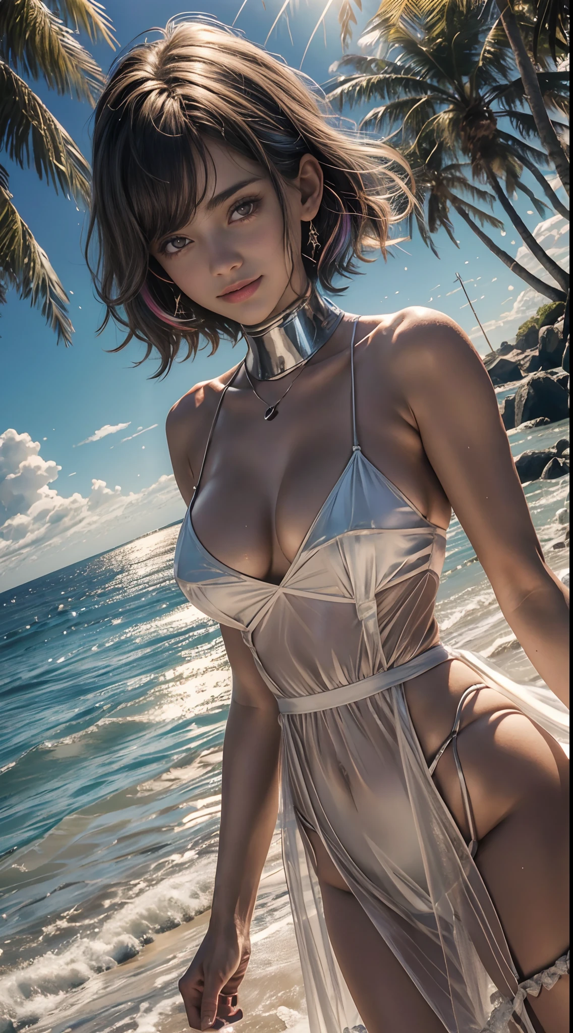 ((1 )), short hairwith colorful rainbow fringe (nsfw: 1.2), aberto,,ombros expostos,Sharp exposed breasts, roupas abertas, roupas seguradas, rasgadas, ponta do peito exposta, (papel de parede CG Unity 8k muito detalhado), (obra-prima), (melhor qualidade), (super detalhado), (best illustration), (melhor sombra), (realista), (PureErosFace_V1:0.5), lens flare, (profundidade de campo), (natural lightting), ultra-highresolution, (detalhe dos olhos), sorriso encantador, (morena) , ((vestido de noite transparente))), (peito exposto), 18 anos,