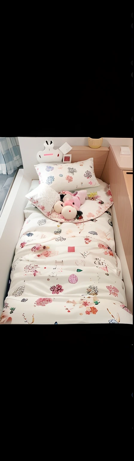There was a bed with pillows and a pillowcase, komono, small bed not made, Bed, Sleeping, Detailed!!, cozy bed, author:Gwangzheng II, !!Beautiful!!, sleeping princess!!!!, cute design, sleeping bag, bed on the right, author:Yuki Ogura, bed is not made, miffy