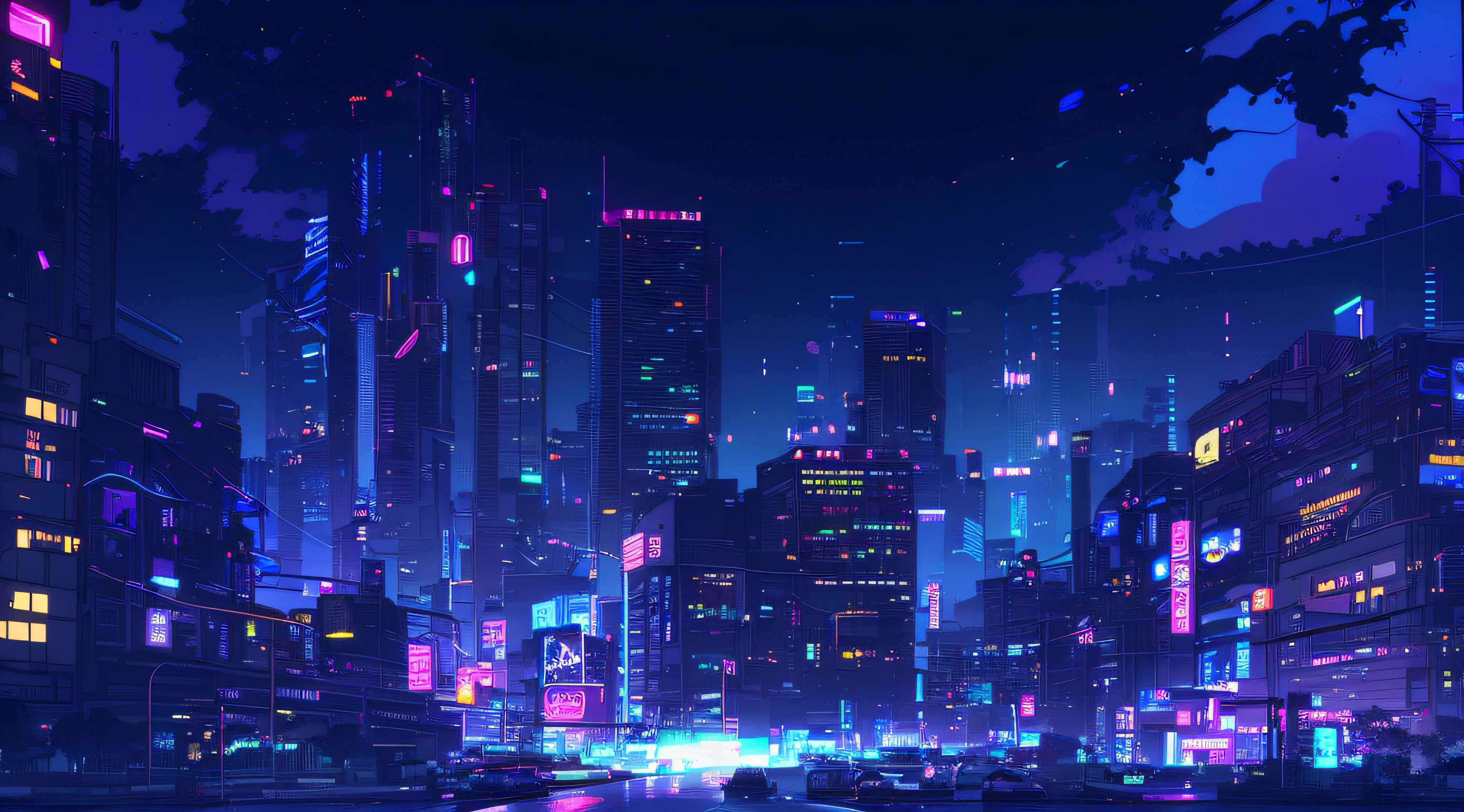 Nighttime cityscape，A car driving on a road in the center of the city, neo tokyo background, background cyberpunk city, Cyberpunk city setting, night cyberpunk city, Cyberpunk city setting, at cyberpunk city, cyberpunk city landscape, Cyberpunk city, night cityscape, Neon city in the background, hd anime cityscape, amazing wallpapers, beautiful cyberpunk city, Cyberpunk background, Cyberpunk art style