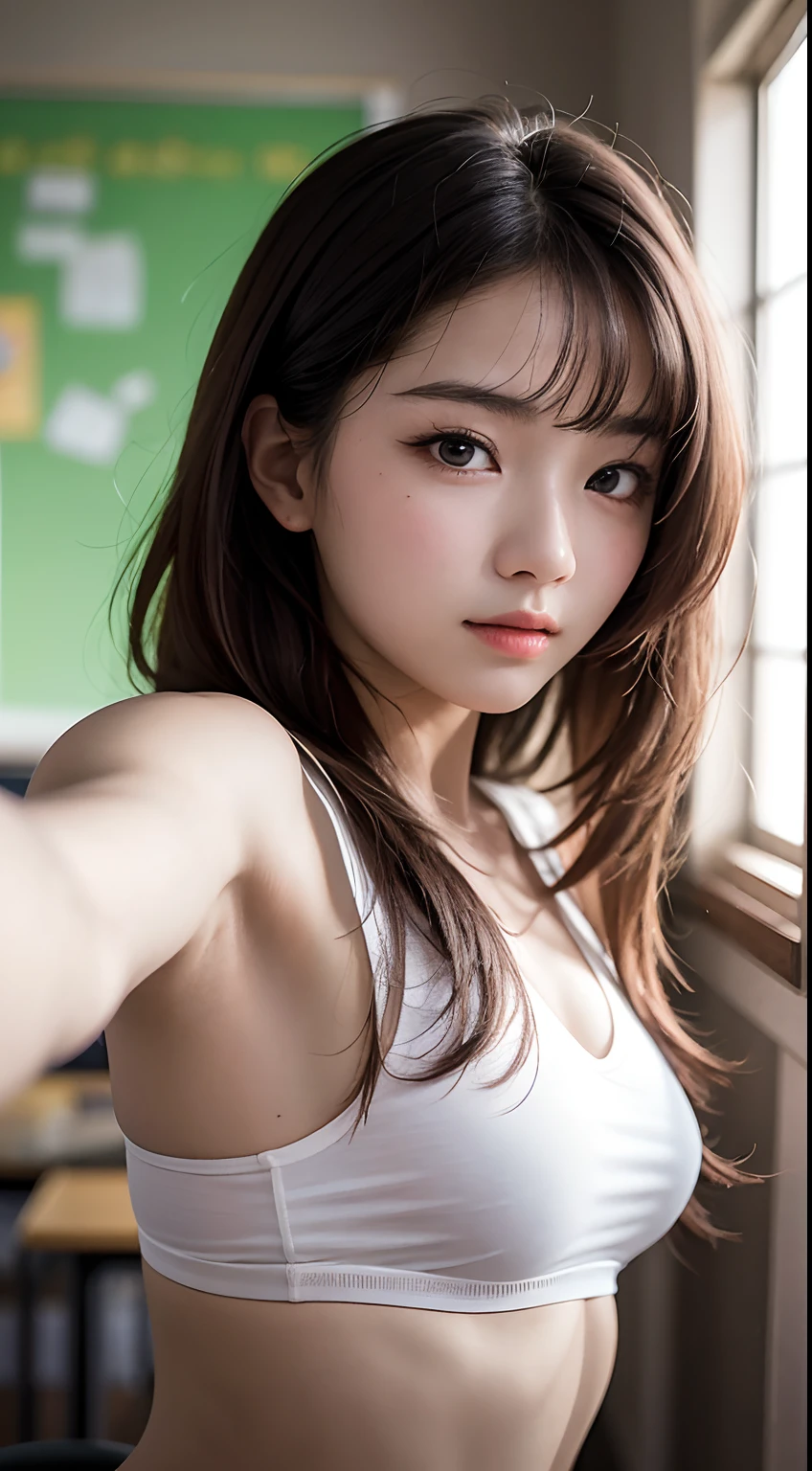 Best Quality, Masterpiece, Ultra High Resolution, (Realistic: 1.4), Original Photo, Wallpaper, Head Photo, Skin, Simple Background, Black Eyes, Detail, Selfie, 1 Girl, 18 Years Old, Breeze, Sunshine, Classroom, Question,