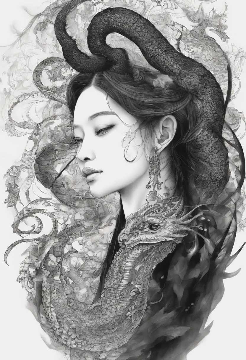 This woman is a woman dressed all in black,around her there are black ink dragon pattern 2d, Chinese style, ink painting style, real life photography, to Shi Lin Huang style, surreal animation, swirly, Mashnikov, Zen-like quiet, dragon art, film composition,fujifilm