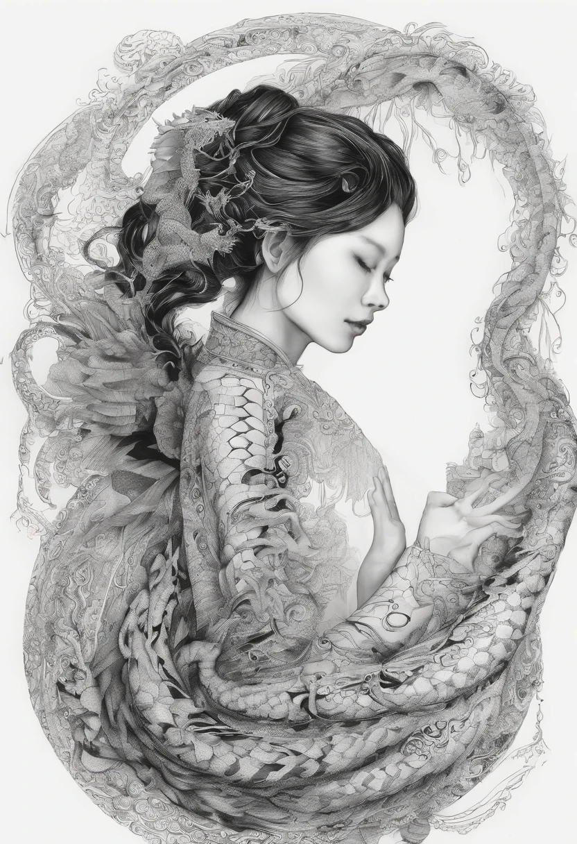 This woman is a woman dressed all in black,around her there are black ink dragon pattern 2d, Chinese style, ink painting style, real life photography, to Shi Lin Huang style, surreal animation, swirly, Mashnikov, Zen-like quiet, dragon art, film composition,fujifilm