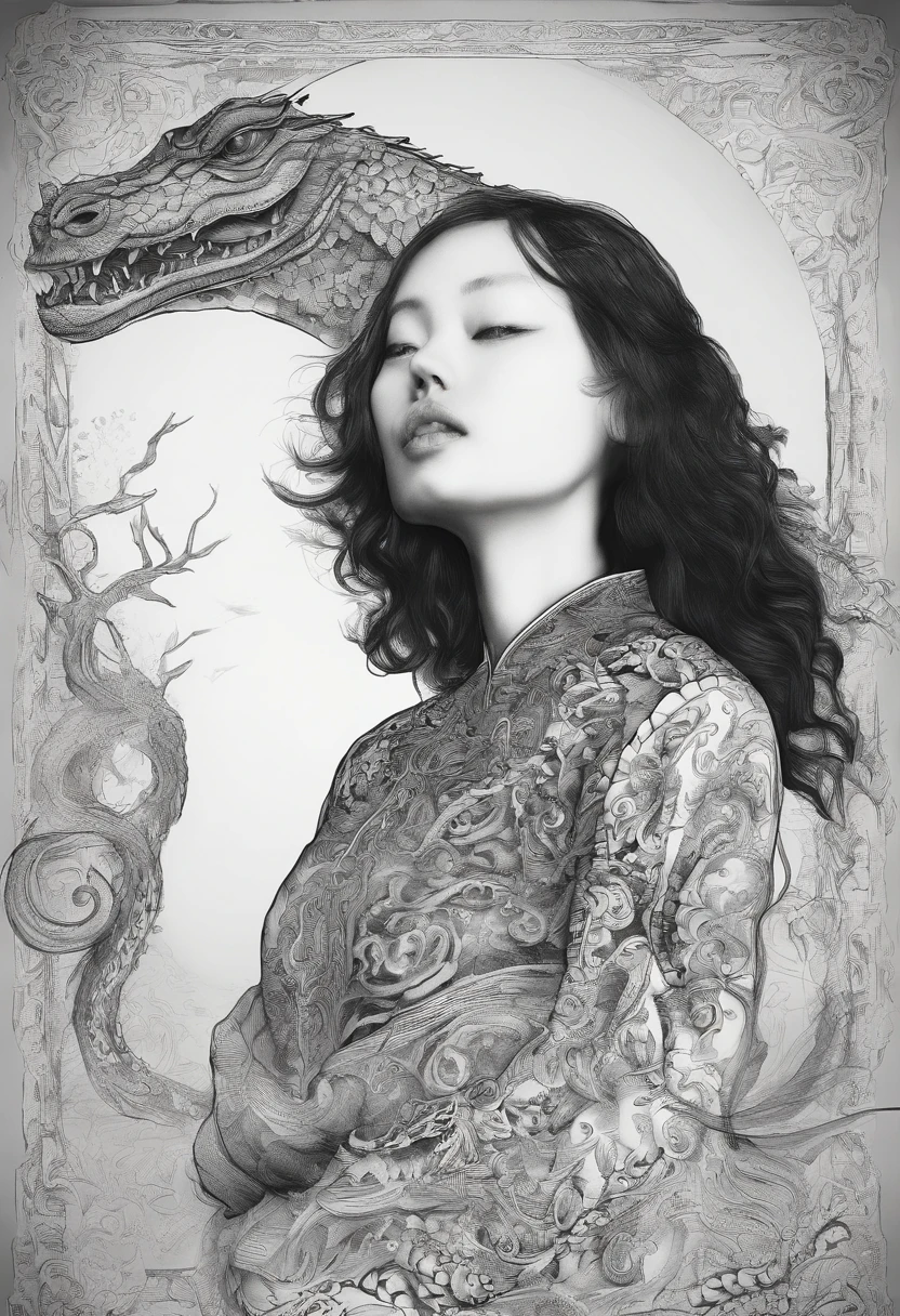 This woman is a woman dressed all in black,around her there are black ink dragon pattern 2d, Chinese style, ink painting style, real life photography, to Shi Lin Huang style, surreal animation, swirly, Mashnikov, Zen-like quiet, dragon art, film composition，fujifilm