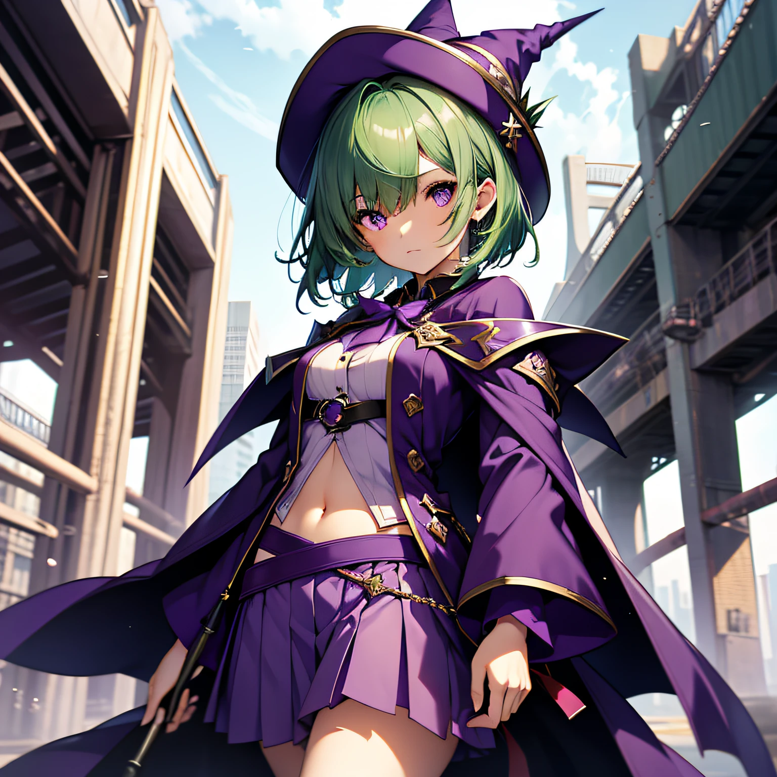 top-quality、extremely delicate and beautiful、(A  girl)、Purple Eye、Green hair、short-haired、(Purple pointy hat)、Purple tie、Soio、shortsleeves、Purple skirt、Purple Wizard Robe、Navel、is standing