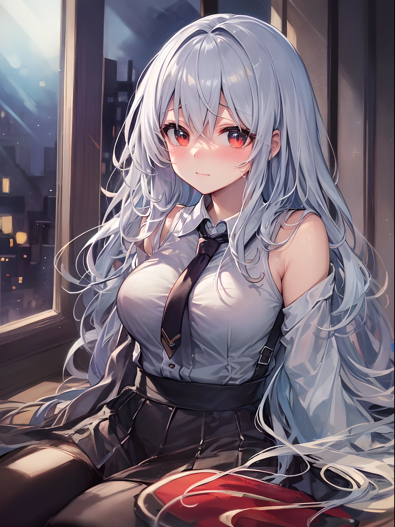 Best Quality, ultra-detailliert, Illustration, silber hair, Aimei,The long-haired,cute face,beutiful breast,turned around,Suspender Skirt,long-sleeve,Dark blue skirt,neck tie,Close,Angle to show off breasts,finely detail,Perfect fingers,Low exposure,long-sleeve,leaning down,red blush,embarrassed from,Bring your face closer,One-person viewpoint,a bed,laying on back,crying how bright,Hide face with hands