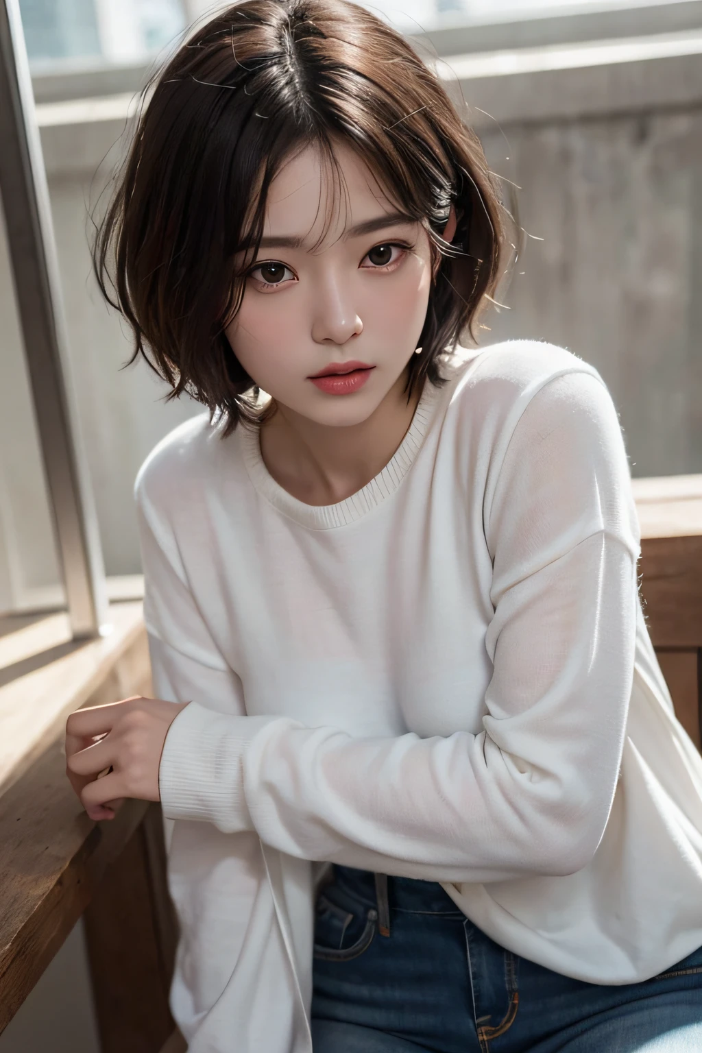 (Masterpiece), (high quality), (ultra detailed), (short hair), (illustration), (1girl), (casual clothes), standing, model, looking at the viewer, (photo essay), (blurred background), beautiful detailed eyes, beautiful and delicate face, black skin, floating, (low saturation), (bright), focus on facial expression, black hair, side bangs,