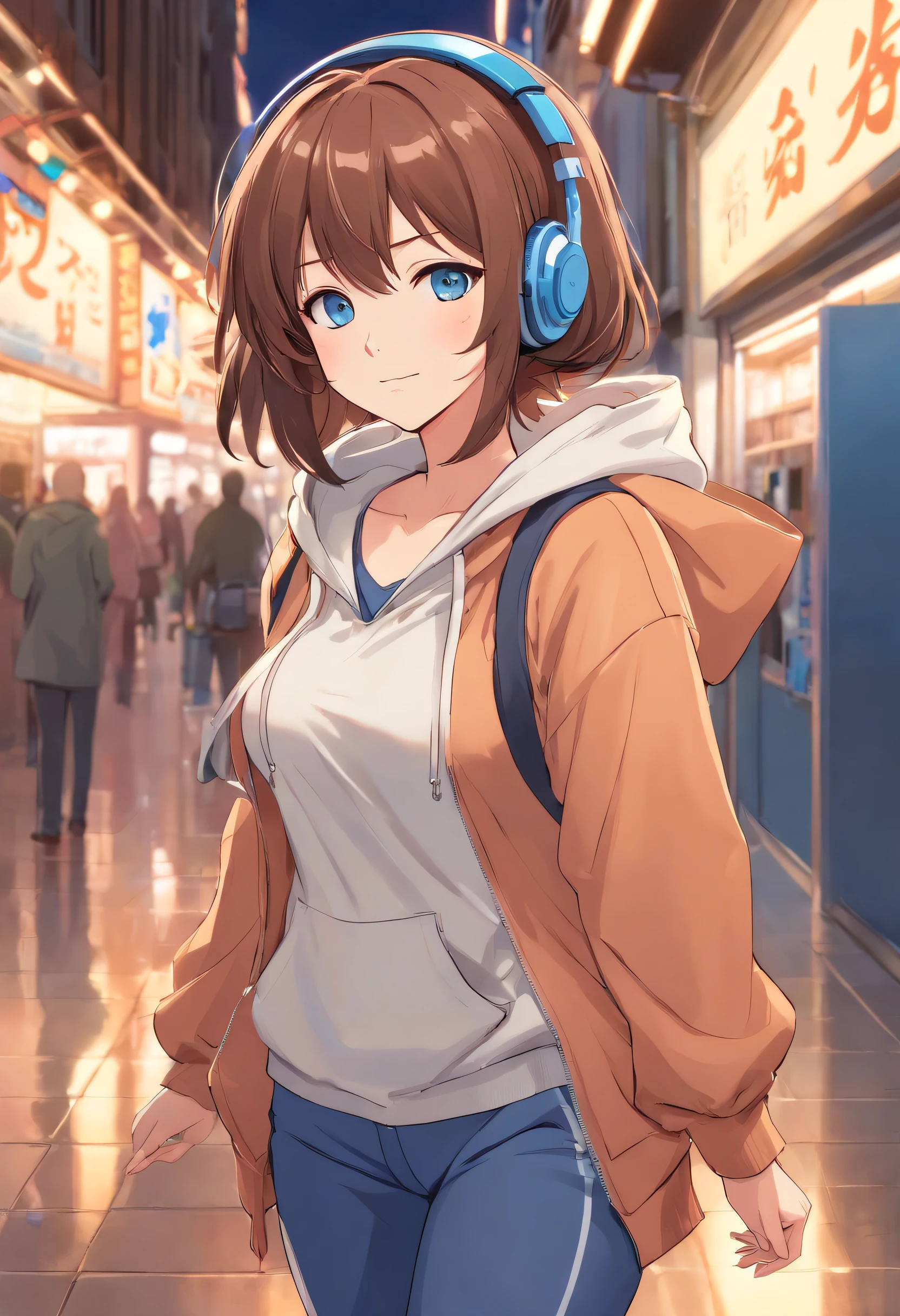 1girl bangs blue_eyes blush breasts brown_hair cleavage closed_mouth covering covering_breasts hair_between_eyes headphones headphones_around_neck hood hood_up hoodie large_breasts leaning_forward long_hair long_sleeves looking_at_viewer pants smile solo, full body