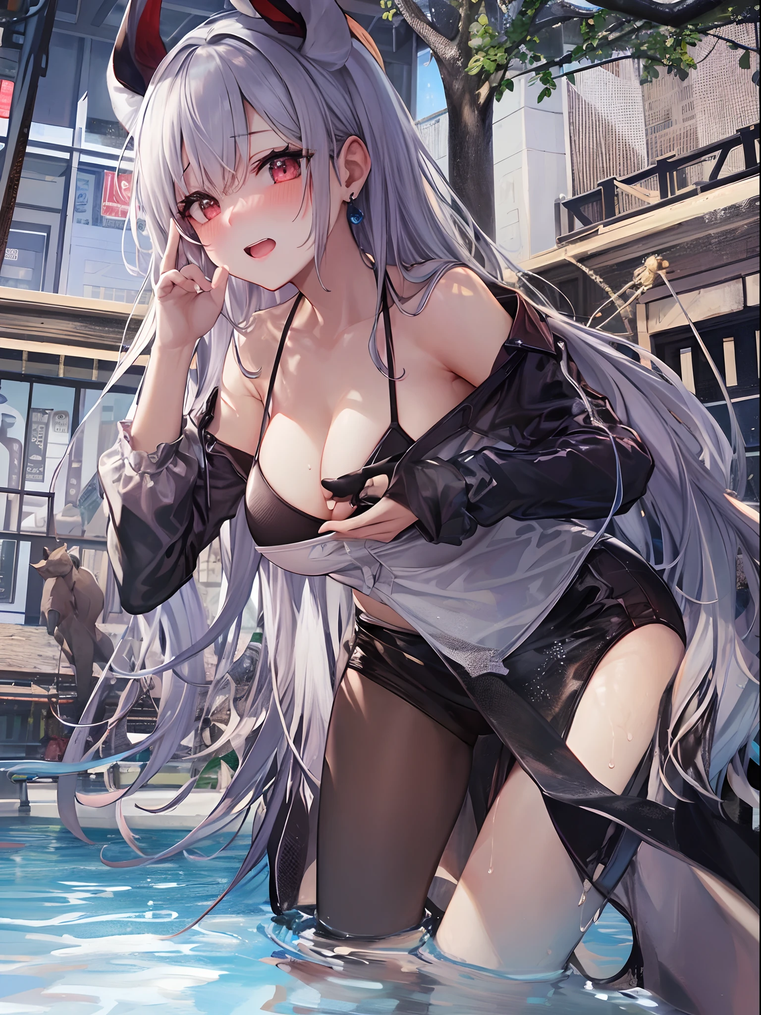 Best Quality, ultra-detailliert, Illustration, silber hair, Aimei,The long-haired,cute face,beutiful breast,turned around,Close,Angle to show off breasts,finely detail,Perfect fingers,long-sleeve,leaning down,red blush,embarrassed from,Bring your face closer,One-person viewpoint,The bikini,frilld,swimming pools,Hanging udder,bending forward,Exposed skin