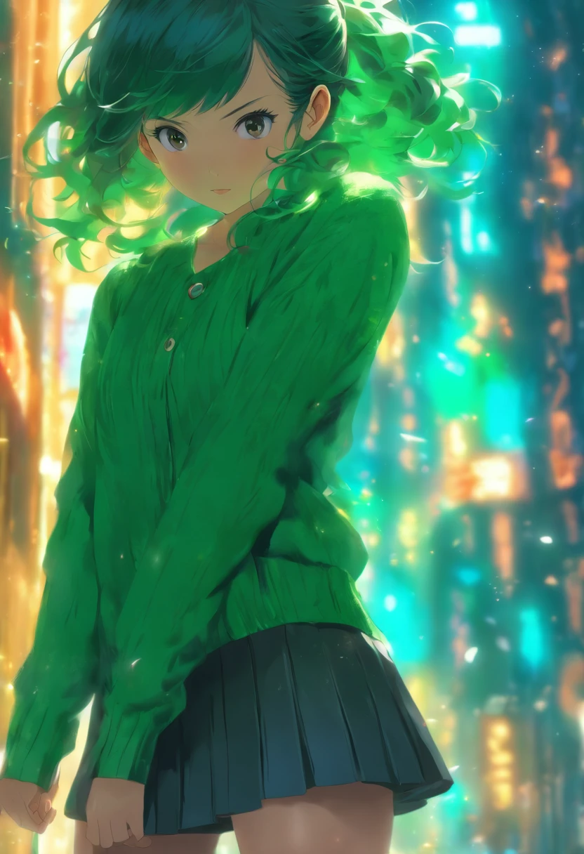 (masterpiece, best quality, highres), arima kana (oshi no ko), cyan cardigan, sweater, dark_green_shirt,miniskirt, standing, open open clothes, solo,
