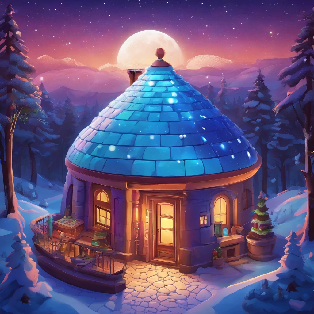 a magnificent colorful igloo on 2 floors with a terrace on the second  with a chimney in the center of the roof, a door and two Windows and solar panels , uhd, hyperdetails, Milky Way, giant blue moon in the background, and shooting stars, vibrant colors, starry night