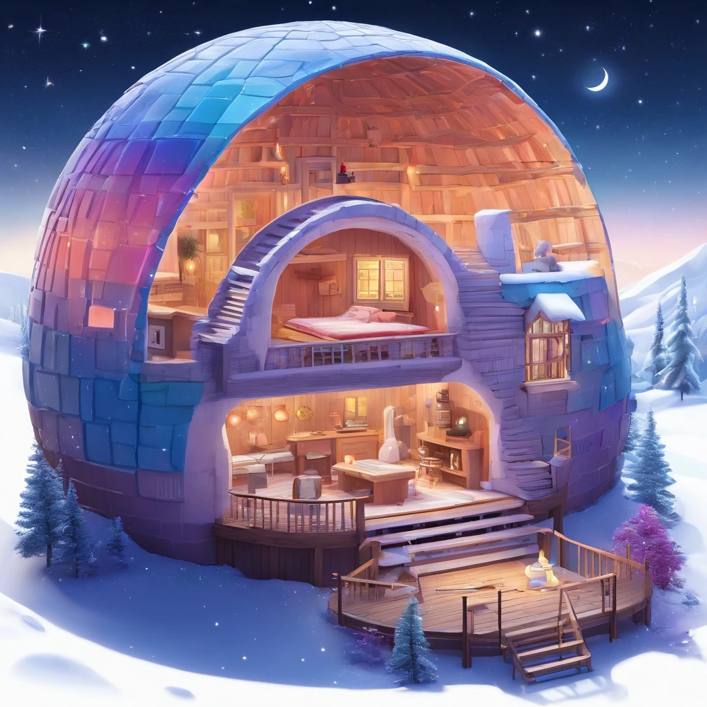 a magnificent colorful igloo on 2 floors with a terrace on the second  with a chimney in the center of the roof, a door and two Windows and solar panels , uhd, hyperdetails, Milky Way, giant blue moon in the background, and shooting stars, vibrant colors, starry night