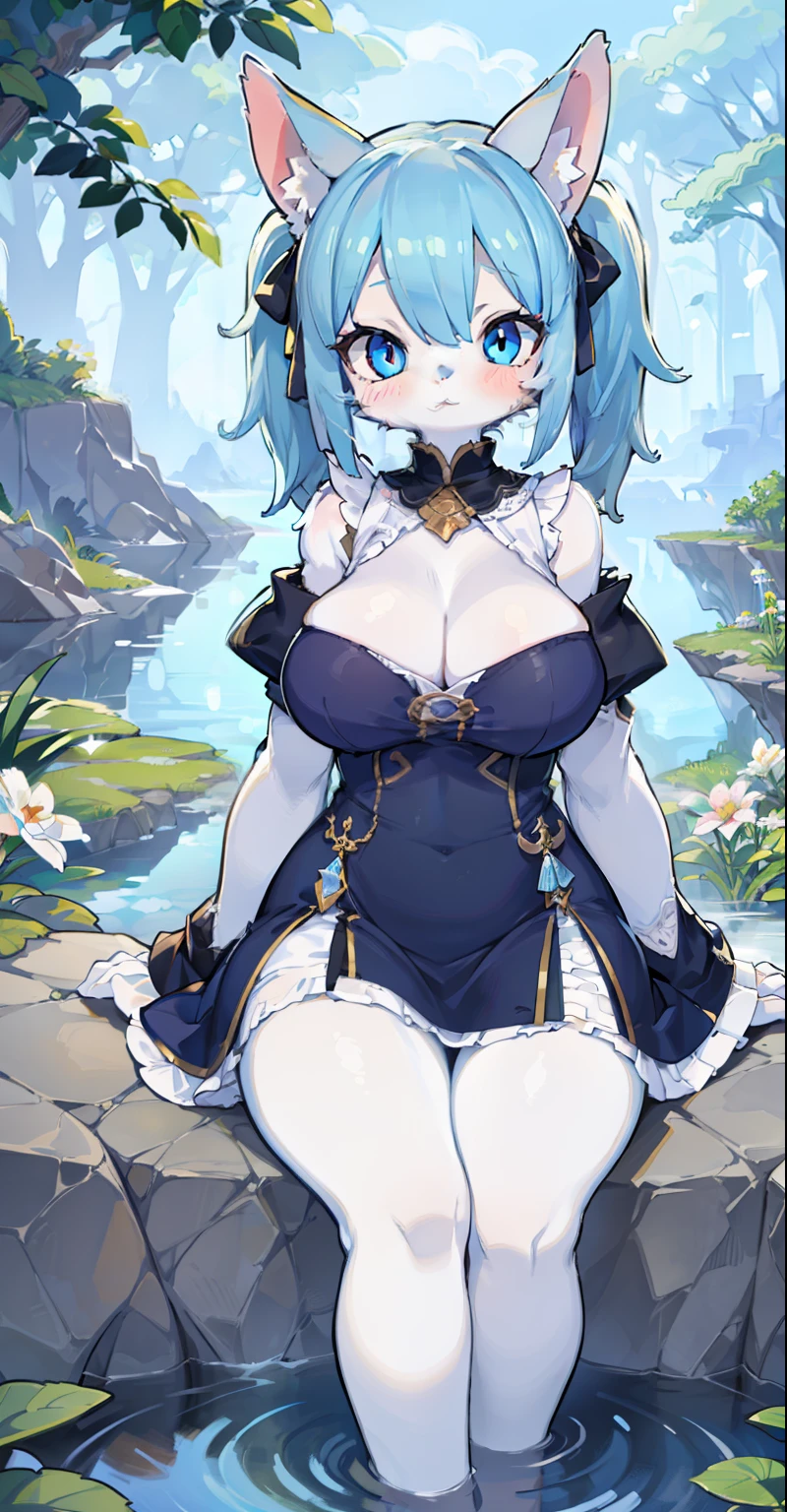 ((masterpiece, best quality)), white furry, animal ears, tail, bodyfur, (ultra-detailed), (illustration), (ultra-highres), (delicate illustration), (hyper-detailed),1 woman, big breasts, thick legs, big thigh, blue_dress, blue_eyes, blue_hair, blush, white dress, long_sleeves, outdoors, pond, short_hair, sitting, soaking_feet, soil, twintails, two_side_up, water