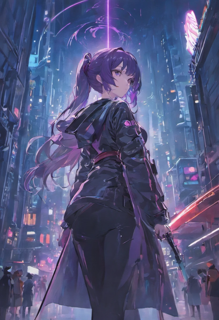 Beautiful woman, anti hero wearing black and purple uniform, laser katana sword in hand, white skin, long black hair, portrait, Jeff Bridges, ((cartoon style)), Marvel Cinematic Universe style, (((cyberpunk city in the background))), soft bokeh of futuristic city, Atey Ghailan, Jeremy Mann, Greg Manchess, Antonio Moro, trend in ArtStation, trend in CGSociety, Intricate, High Detail,  Sharp focus, dramatic and photorealistic painting art by Midjourney and Greg Rutkowski, bokeh in the background