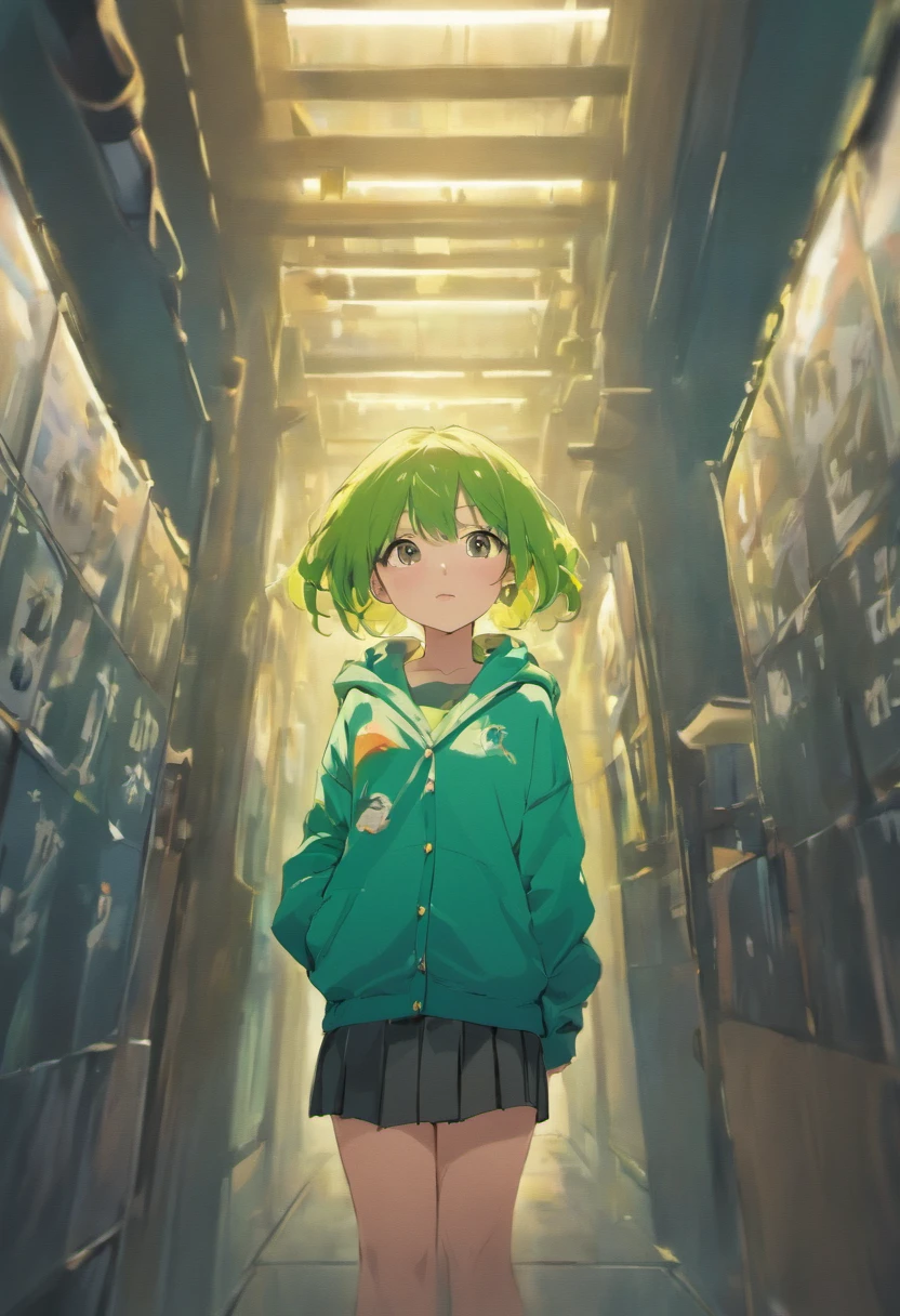 (masterpiece, best quality, highres), arima kana (oshi no ko), cyan cardigan, sweater, dark_green_shirt,miniskirt, standing, open open clothes, solo,