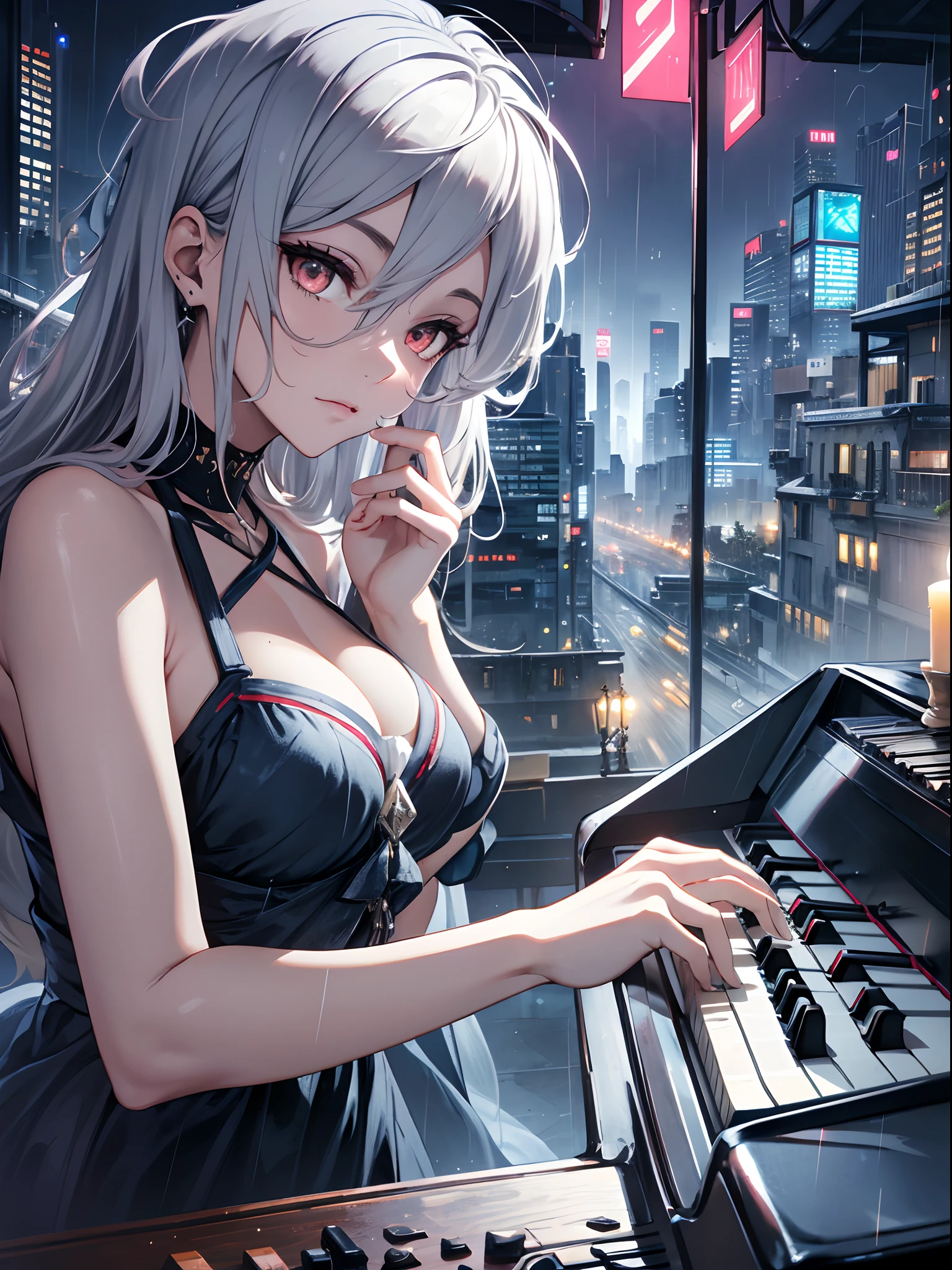 masterpiece,(bestquality),highlydetailed,ultra-detailed,(dark),(intense shadows),(at the castle),(rainy night in a cyberpunk city with glowing neon lights),(piano),(player),(solo),(elegant),(long black gown),(reflection on the piano),(soft candlelight),(melancholic),(gentle touch),(flowing music notes),(emotional),(fingers gliding on the keys),cold, solo, (1gil),  detailedeyes,(lighteyes: 0.8)