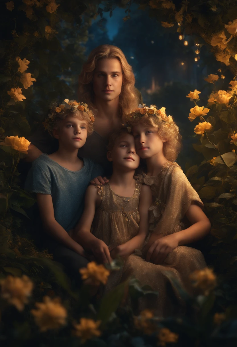 27 YEAR OLD FATHER AND THREE SONS DRESSED AS FAIRIES, NIGHTTIME, FLOWERS, NATURE, MOONLIGHT, 8K, detailed matte painting, deep color, fantastical, intricate detail, splash screen, complementary colors, fantasy concept art, 8k resolution trending on Artstation Unreal Engine 5", GOLDEN HAIR, CAUCASIAN, BLUE EYES, Italy
