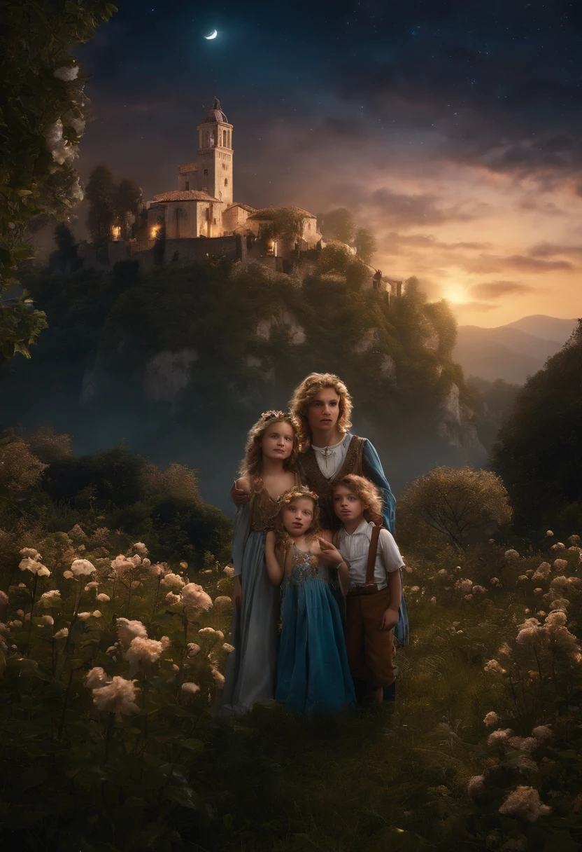 27 YEAR OLD FATHER AND THREE SONS DRESSED AS FAIRIES, NIGHTTIME, FLOWERS, NATURE, MOONLIGHT, 8K, detailed matte painting, deep color, fantastical, intricate detail, splash screen, complementary colors, fantasy concept art, 8k resolution trending on Artstation Unreal Engine 5", GOLDEN HAIR, CAUCASIAN, BLUE EYES, Italy