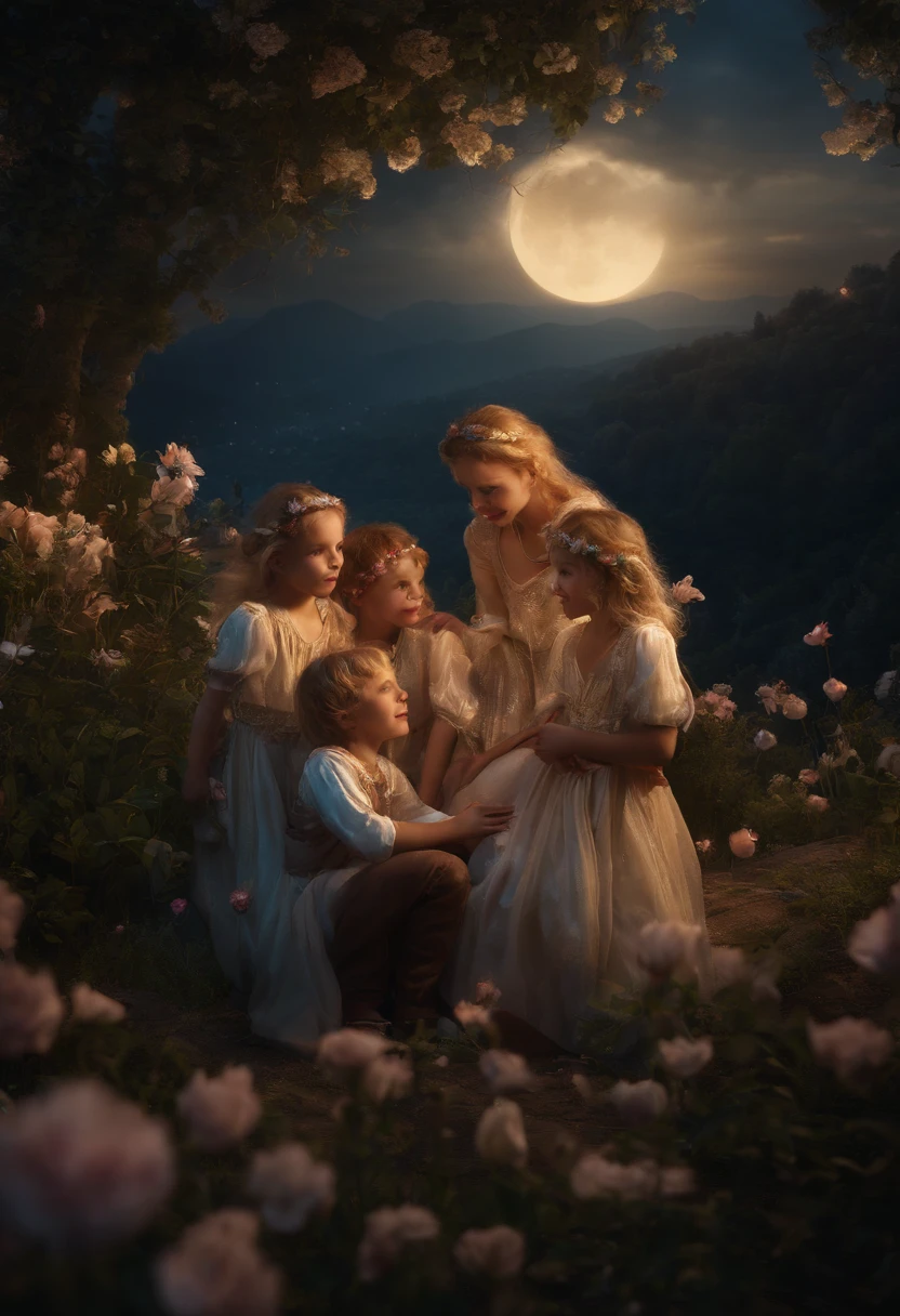 27 YEAR OLD FATHER AND THREE SONS DRESSED AS FAIRIES, NIGHTTIME, FLOWERS, NATURE, MOONLIGHT, 8K, detailed matte painting, deep color, fantastical, intricate detail, splash screen, complementary colors, fantasy concept art, 8k resolution trending on Artstation Unreal Engine 5", GOLDEN HAIR, CAUCASIAN, BLUE EYES, Italy