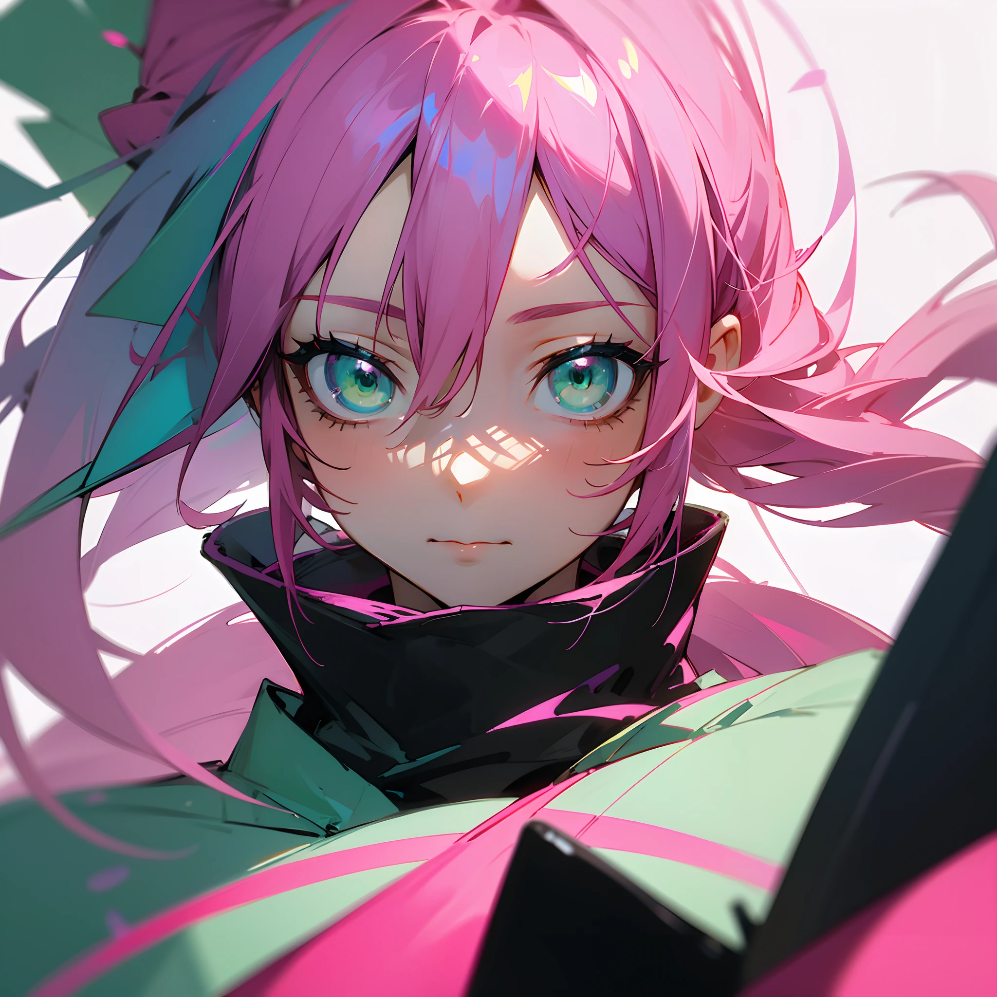 ( Masterpiece, Anime style, hiquality ) Girl, cyberpunk theme, Portrait, looking forward, pink hair, A detailed eye, Perfect painting, the anime, Green eyes, Portrait, the anime