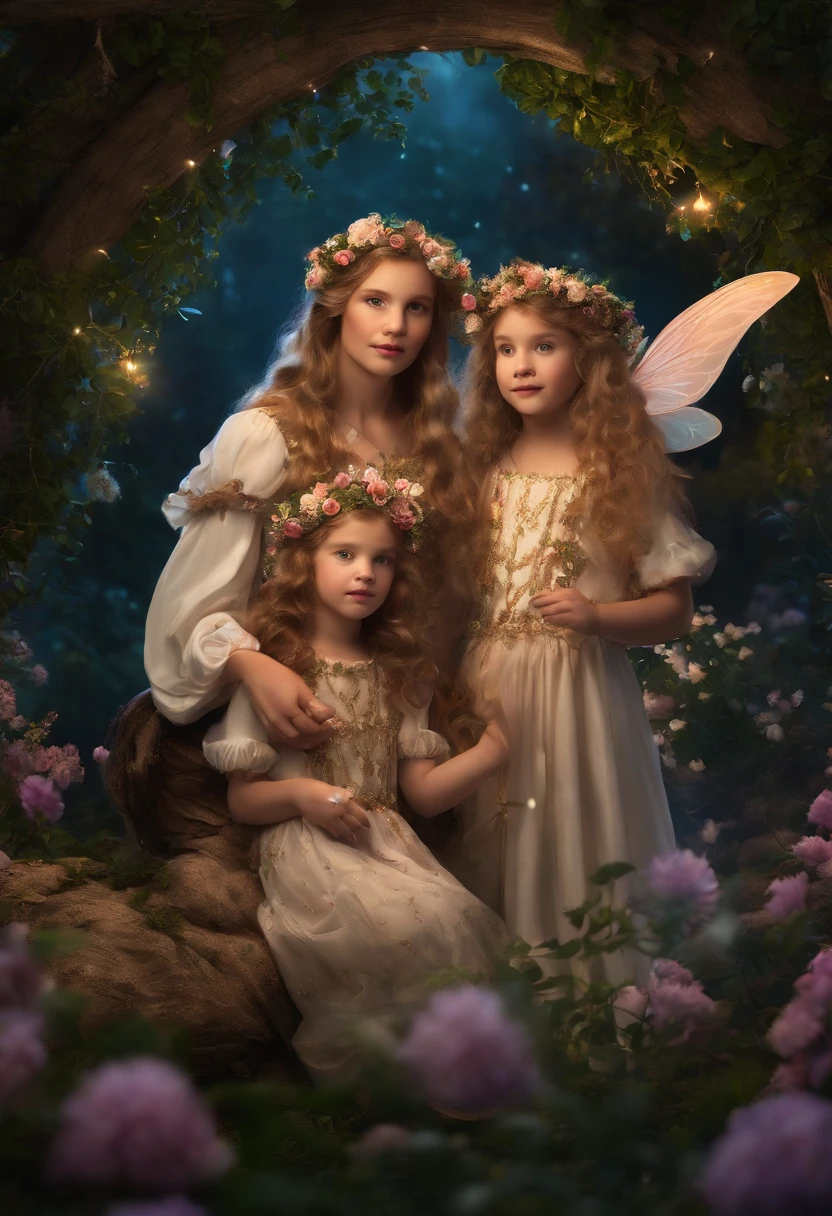 27 YEAR OLD FATHER AND DAUGHTERS DRESSED AS FAIRIES, NIGHTTIME, FLOWERS, NATURE, MOONLIGHT, 8K, detailed matte painting, deep color, fantastical, intricate detail, splash screen, complementary colors, fantasy concept art, 8k resolution trending on Artstation Unreal Engine 5", GOLDEN HAIR, CAUCASIAN, BLUE EYES, Italy