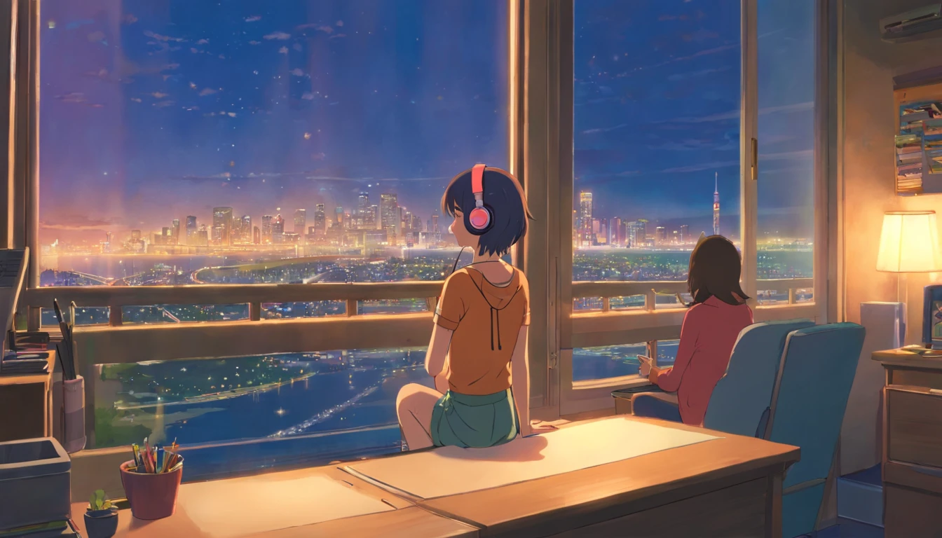 portlate、512、lo-fi、Girl in headphones sitting on a chair、Napping at your desk、Eyes closed、City view outside the window、early evening、PastelColors、Painting