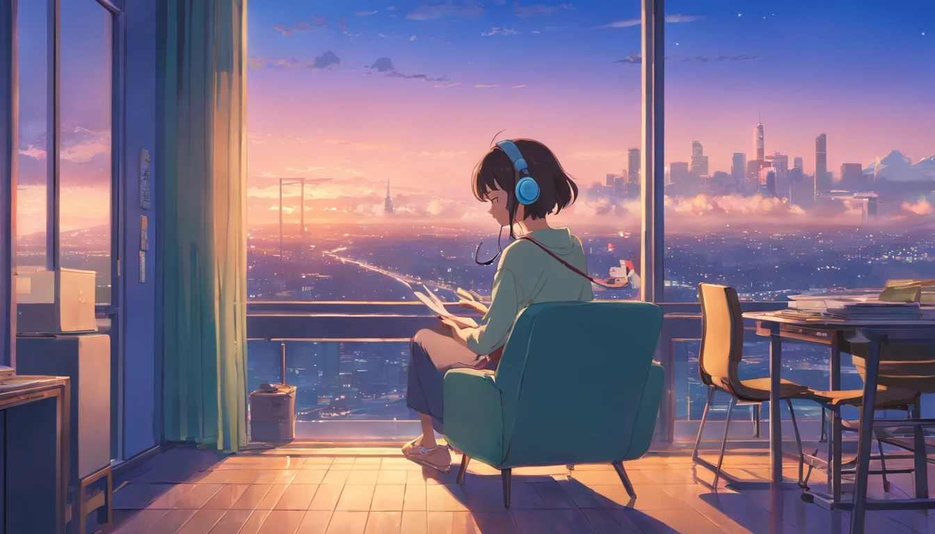 portlate、512、lo-fi、Girl in headphones sitting on a chair、Napping at your desk、Eyes closed、City view outside the window、early evening、PastelColors、Painting