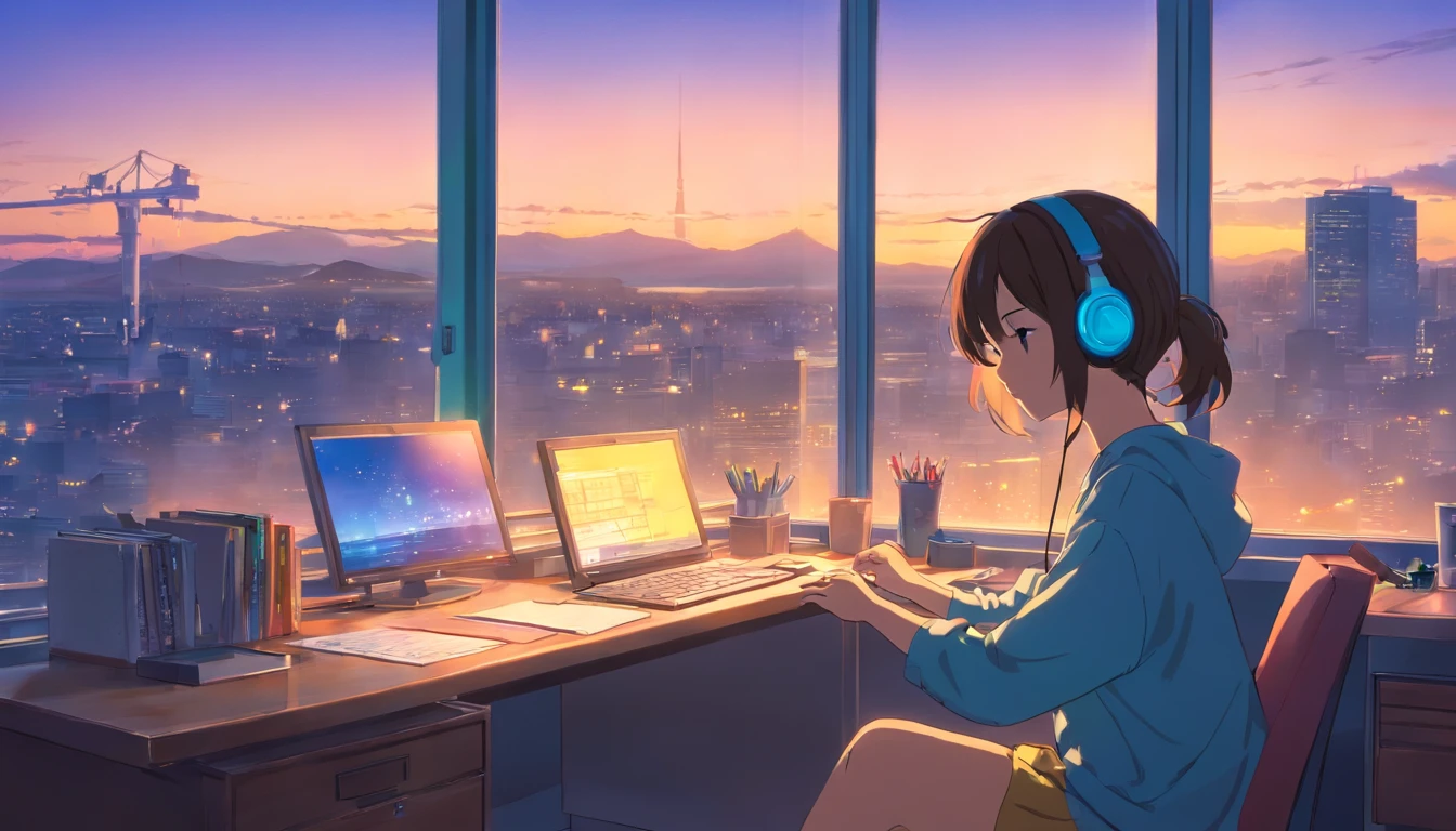 portlate、512、lo-fi、Girl in headphones sitting on a chair、Napping at your desk、Eyes closed、City view outside the window、early evening、PastelColors、Painting