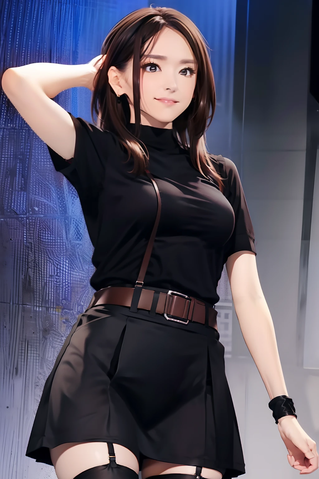 Black skirt, suspenders, Brown hair Gray eyes, Garter belt on the legs, Tight clothes, a belt Armpit sweat Dark look Moderate breasts