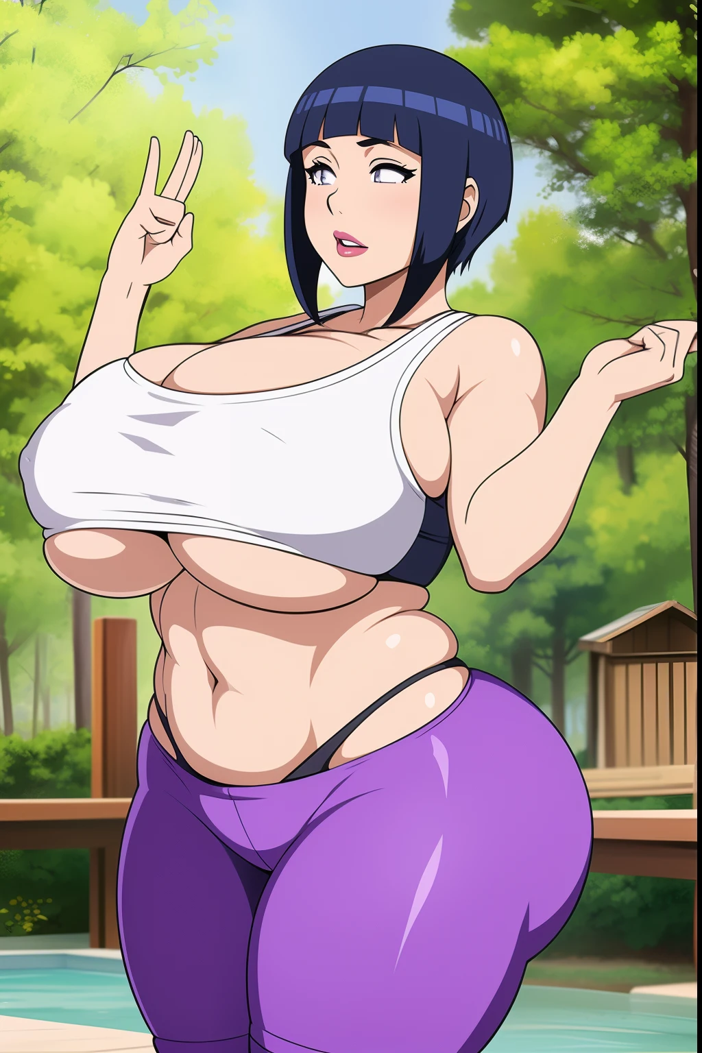 Hinata Hyuuga, 1girl, ((bimbo))), short blue hair, puffy lips, painted lips, thick lips, wide hips, thick thighs, enormous round breast, huge ass, bimbo face, , Round Breasts , muscular stomach abs, shiny skin, breasts squeezed together, enormous huge natural breasts, natural breasts, yoga pants, sports bra, hand signs, bubble butt, hanging breasts, arms cross position,