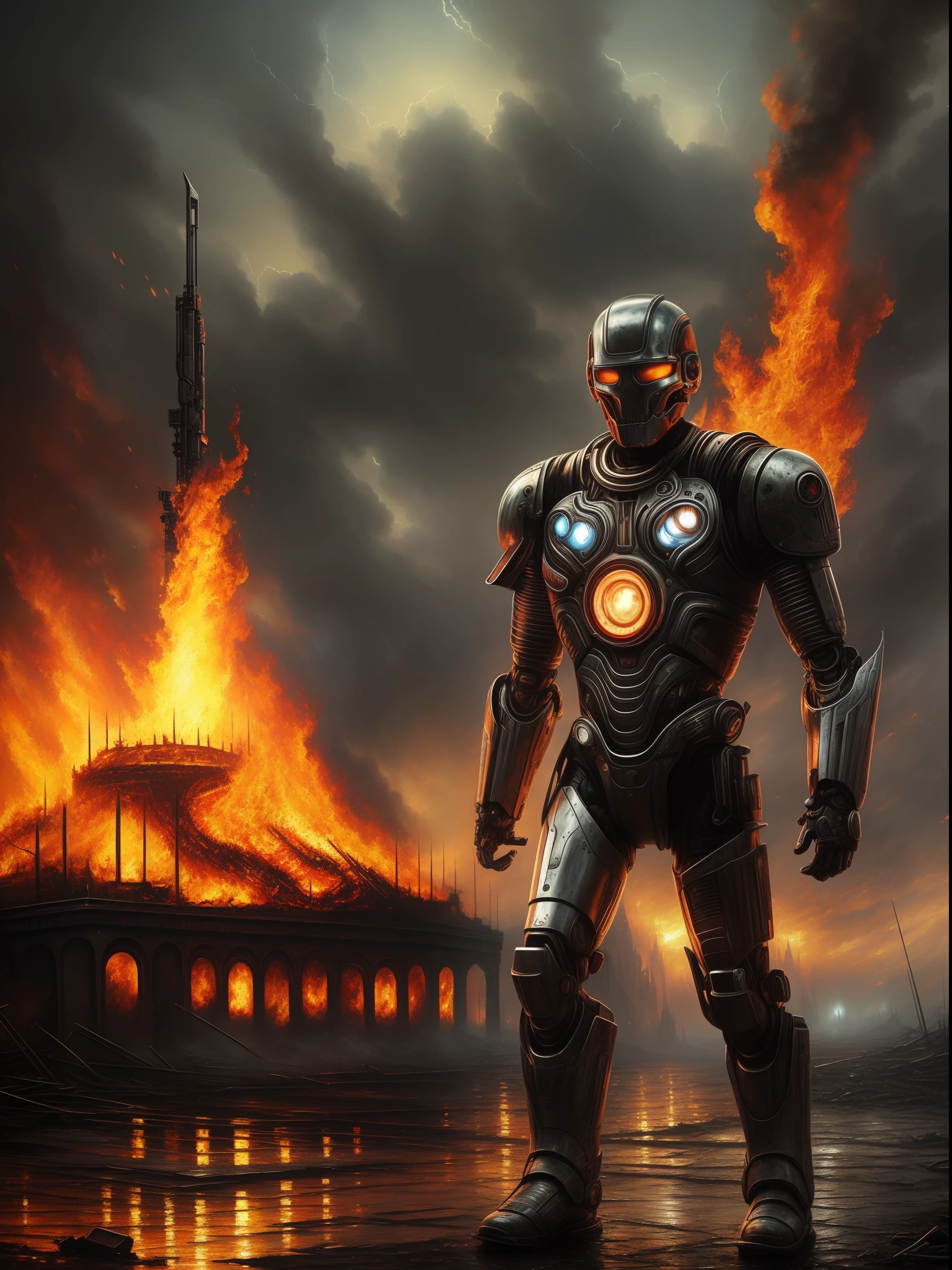 ((beste-Qualit)), ((in the style of Dan-Mumford)), ((tmasterpiece)), ((Realistic)), surrealism, humanoid robot T-1000 terminator with flamethrower, In patina, walks through the ruins and pieces of skulls, the night, A flame of fire burns all around, apocalypse, gloomy dark clouds (Palette knife-oil painting), Strokes, (impressionism), Complicated details, Extremely detailed, Raw, HDR, ), 8K
