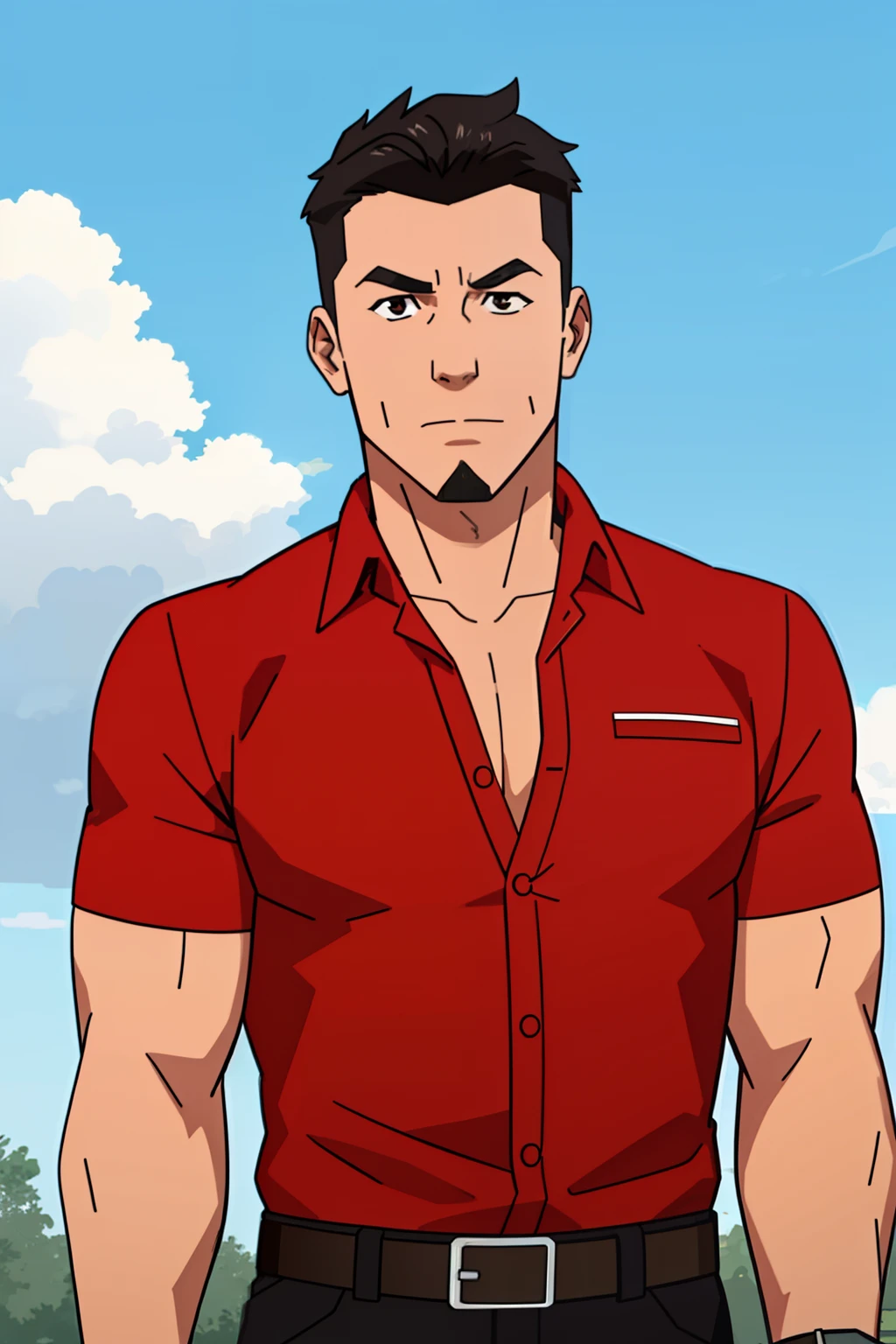 Invincible, masterpiece, best quality, male focus, 1boy, watch, male focus, wristwatch, shirt, solo, facial hair, manly, belt, red shirt, pants, black belt, brown hair, spiked hair, goatee, sleeves rolled up, partially unbuttoned, short hair, hand on own arm, closed mouth, collared shirt, pectorals, mature male, veins, upper body, shirt tucked in, cloud, belt buckle, looking at viewer, dress shirt, black hair, sky, looking down, sideburns, looking to the side, outdoors, muscular, pectoral cleavage, muscular male