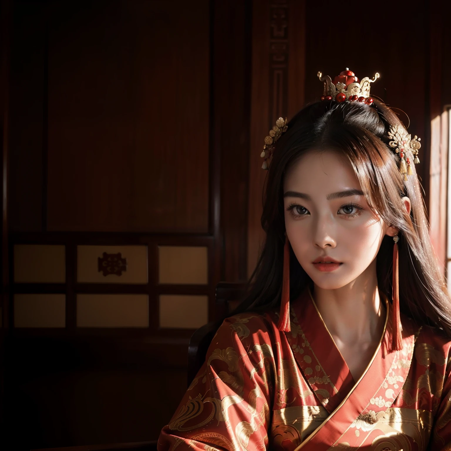 Top image quality,Movie Camera,Beautiful 20-year-old princess in the Chinese royal palace,Wearing a gorgeous red Chinese-style kimono,Ancient Chinese gorgeous hair ornament on head,Living in an ancient royal palace in China,Sitting in the Queen's Chair,Elegant appearance,I'm looking at you with a scary face.,