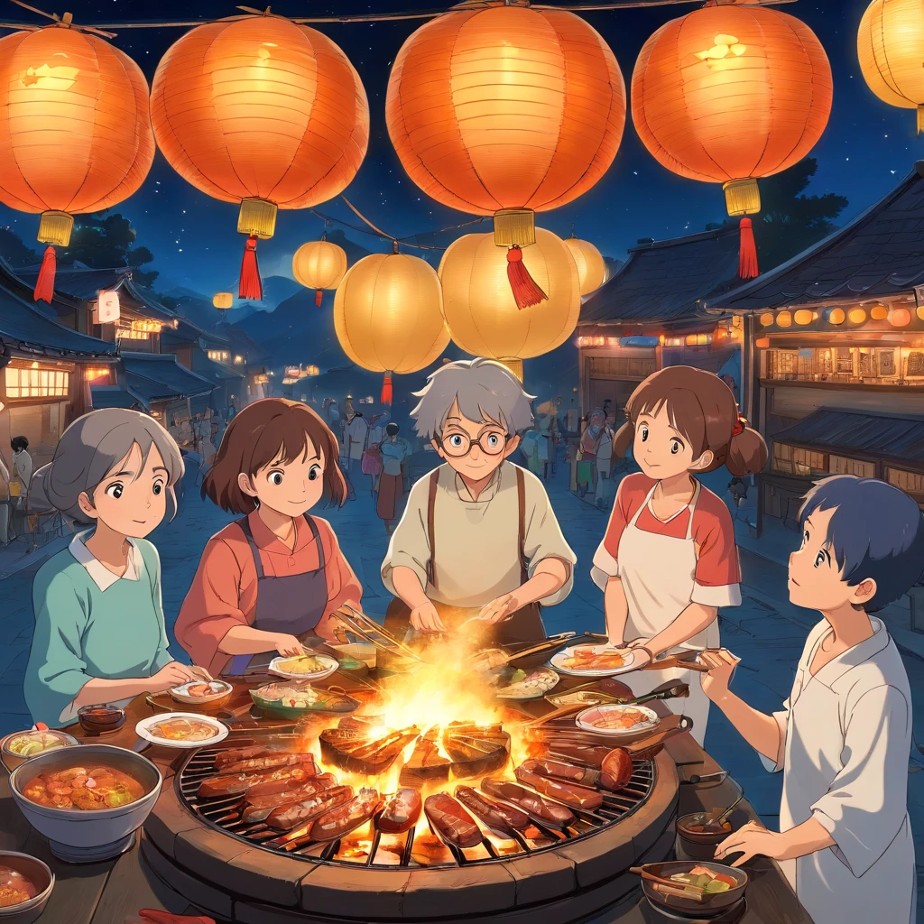 Mid-Autumn Festival,the night,barbecue,lots of people,Brightly lit