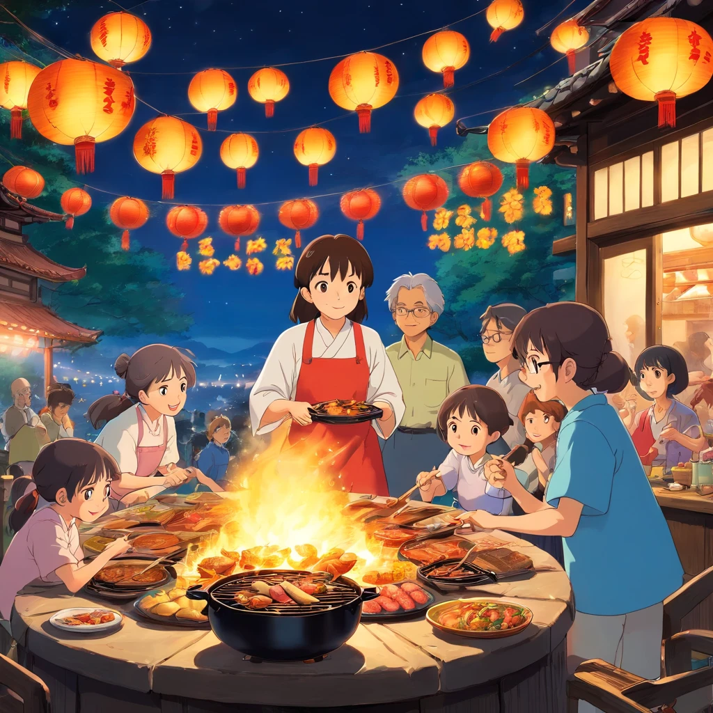 A group of people sitting around a table with food on it - SeaArt AI