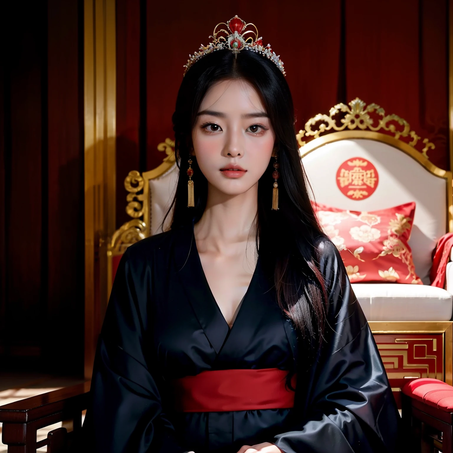 Top image quality,Movie Camera,Beautiful 20-year-old princess in the Chinese royal palace,Wearing a gorgeous red Chinese-style kimono,Ancient Chinese gorgeous hair ornament on head,Living in an ancient royal palace in China,Sitting in the Queen's Chair,Elegant appearance,I'm looking at you with a scary face.,
