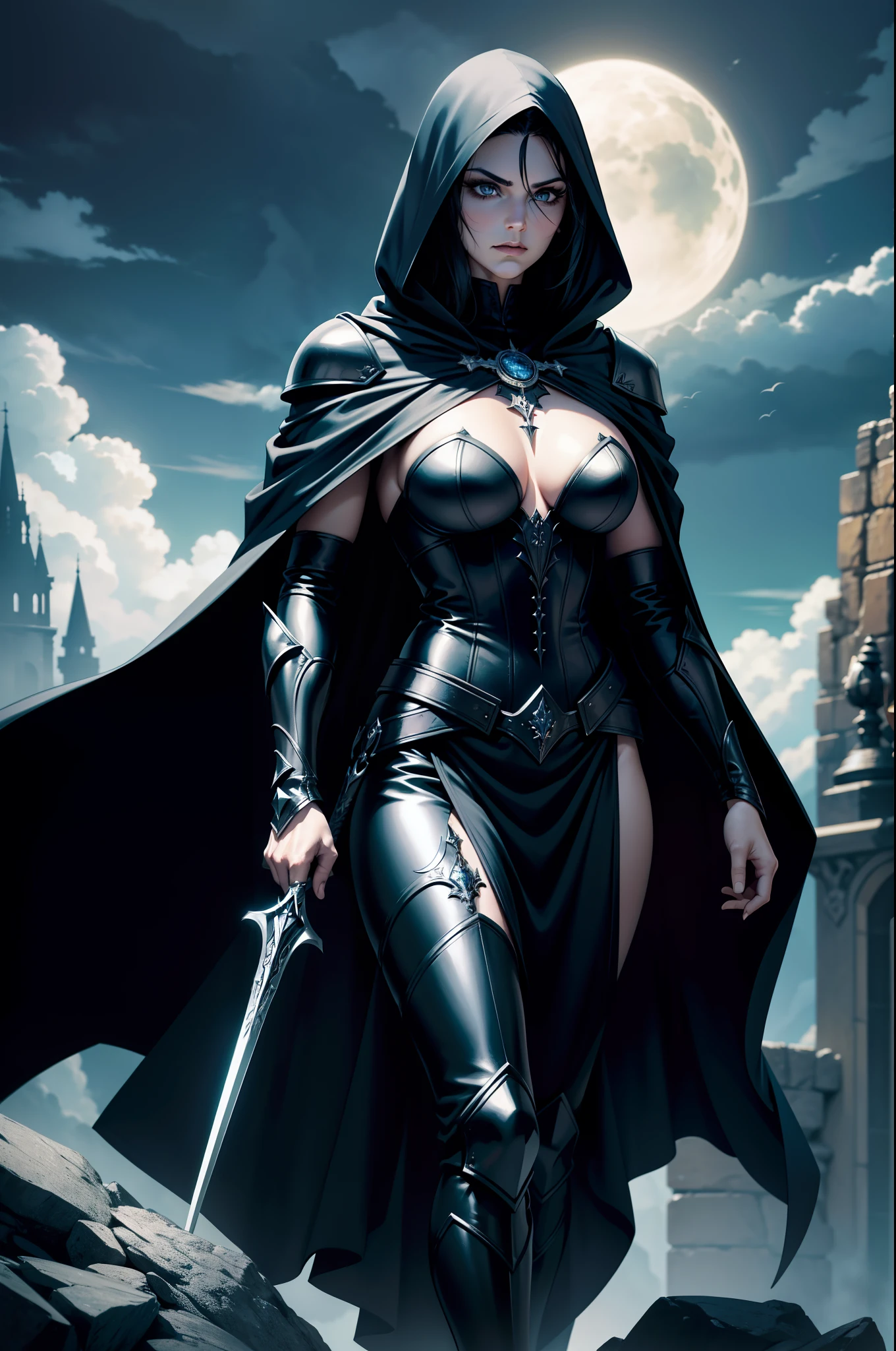 An adult mage character wearing a hooded robe and gothic armor with black details, face with serious expression, cabelo na cor preta liso preso, espada presa a cintura, a remarkable beauty, Magnificent, cor azul dos olhos, magnificent clouds, Roupas por baixo da armadura na cor roxa, arms crossed in imposing pose and on top of a tall rock, black and red gothic clothing flowing cape, glifos na roupa, marcas arcanas na armadura, tatuagens