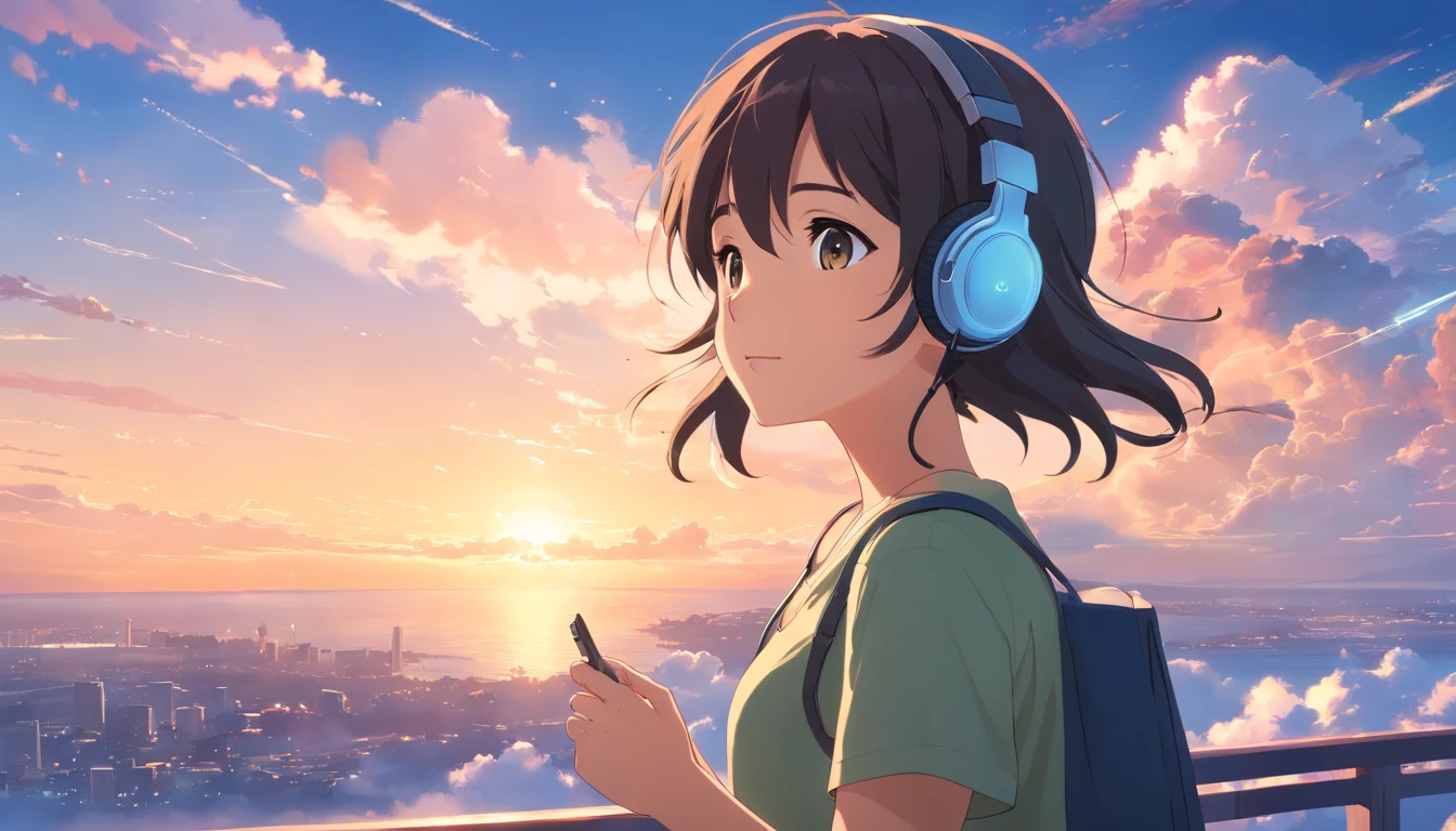 masterpiece, best quality, movie still, 1girl, cloud girl, black cap,headphone,floating in the sky, close-up, bright, happy, warm soft lighting, sunset, (sparks:0.7)