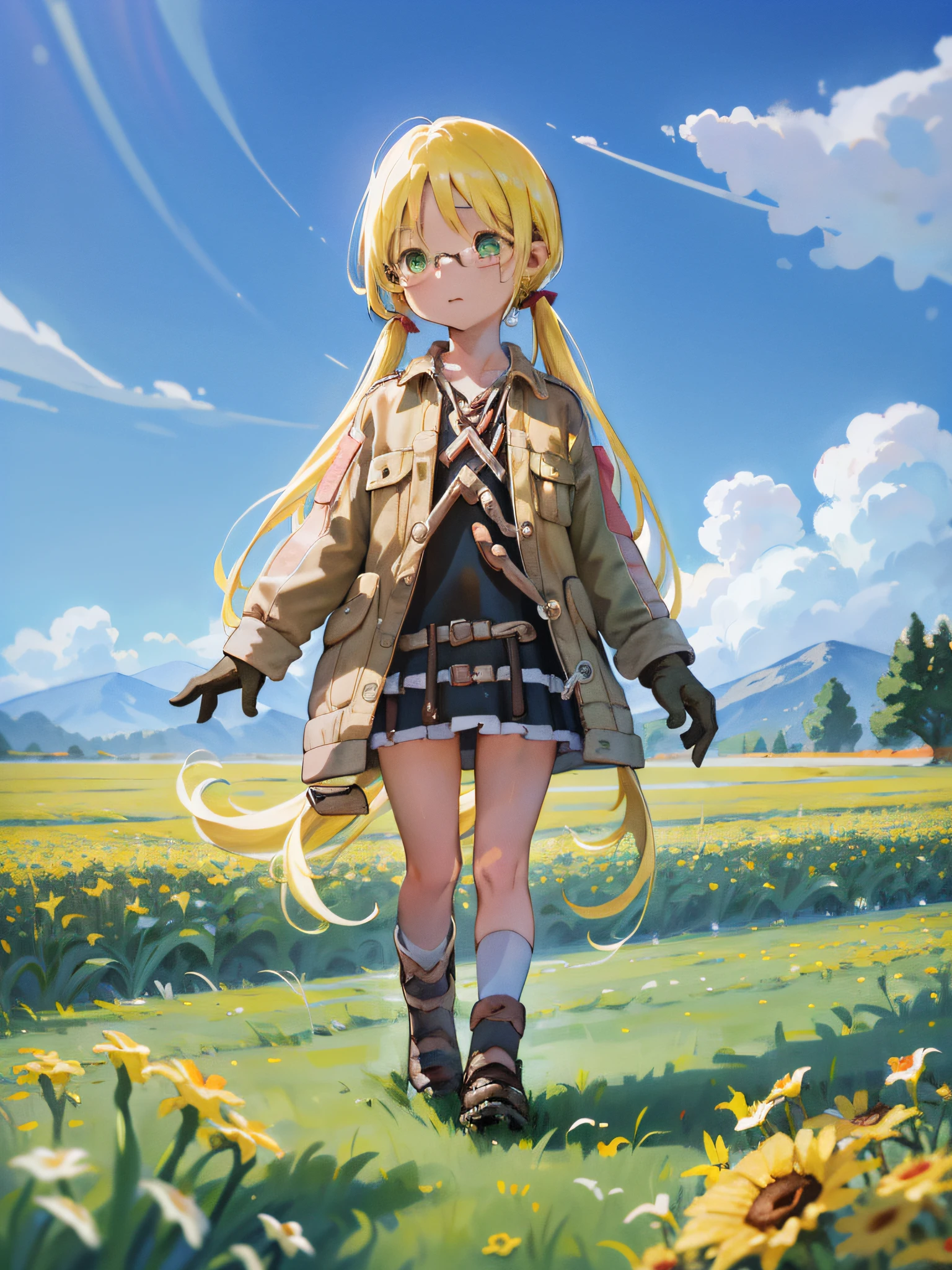 There is a girl standing in a flower field looking up at the sky, a girl standing in a flower field, a girl walking in a flower field, lost in a dreamy wonderland, standing in a flower field, fantastic digital painting, the sky gradually clears, the starry sky gradually recedes , the picture is more detalised,  face aren't messed up