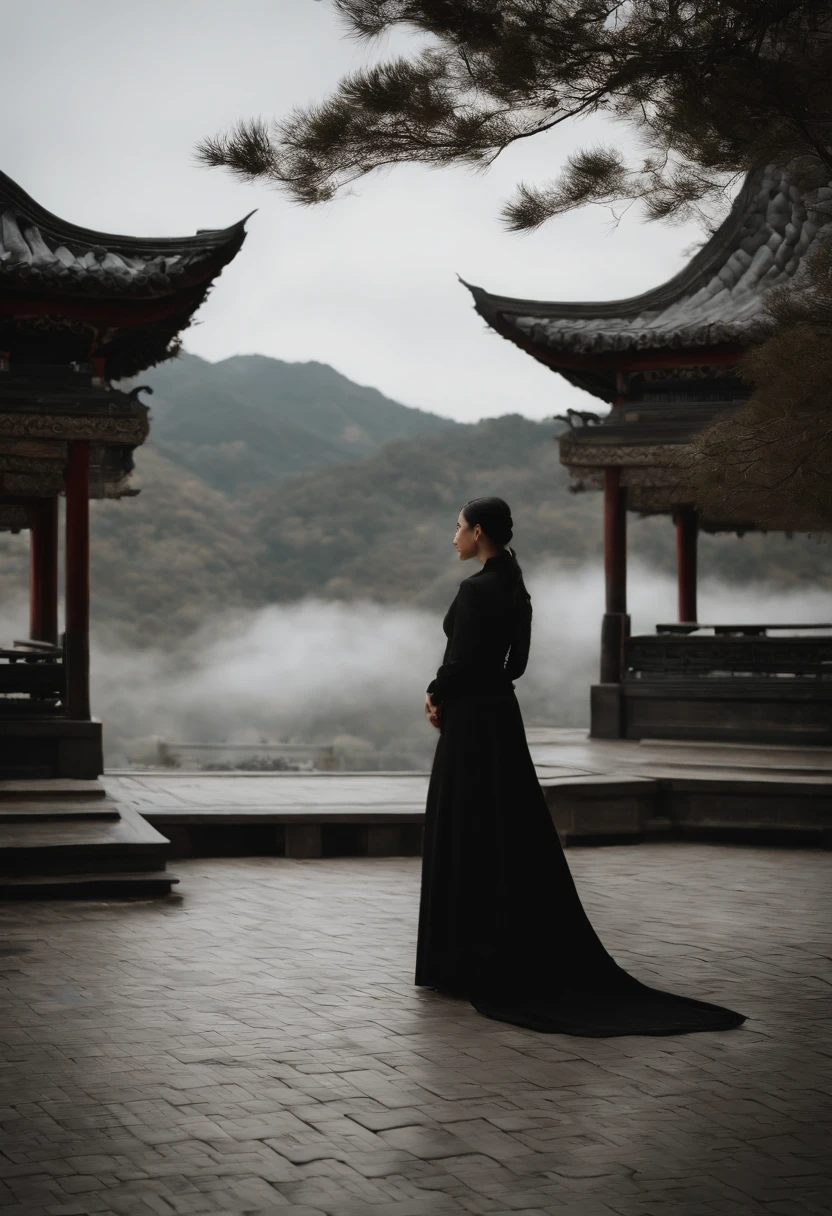 This woman is a woman in black,Around her there is a black ink dragon pattern 2D, Chinese style, Ink painting style, Real life photography, To the Shilinhuang style, Surreal animation, swirles, Mashnikov, zen-like tranquility, Dragon Art, film composition，Fuji Film