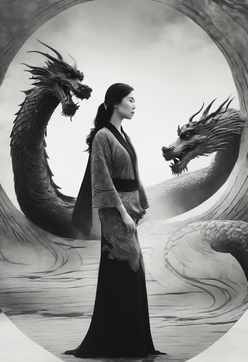 This woman is a woman in black,Around her there is a black ink dragon pattern 2D, Chinese style, Ink painting style, Real life photography, To the Shilinhuang style, Surreal animation, swirles, Mashnikov, zen-like tranquility, Dragon Art, film composition，Fuji Film