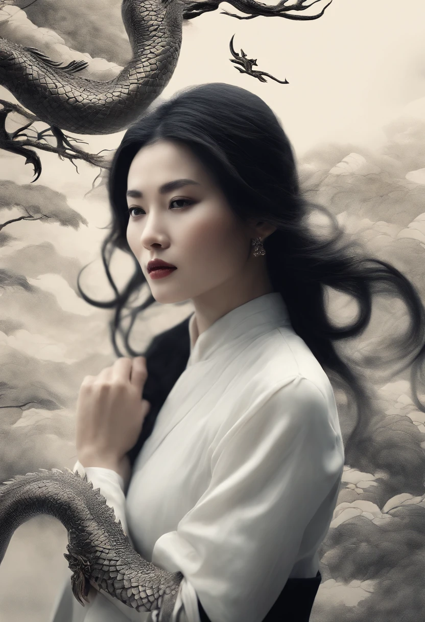 This woman is a woman in black,Around her there is a black ink dragon pattern 2D, Chinese style, Ink painting style, Real life photography, To the Shilinhuang style, Surreal animation, swirles, Mashnikov, zen-like tranquility, Dragon Art, film composition,Fuji Film