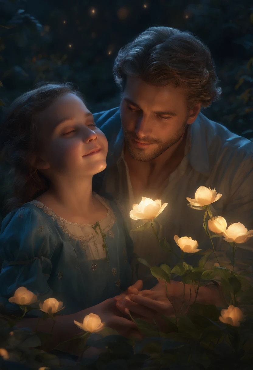 FATHER AND CHILDREN PLAYING, NIGHTTIME, FLOWERS, NATURE, MOONLIGHT, 8K, resolution concept art portrait by Greg Rutkowski, Artgerm, WLOP, Alphonse Mucha dynamic lighting hyperdetailed intricately detailed Splash art trending on Artstation triadic colors Unreal Engine 5 volumetric lighting", K, CAUCASIAN, BLUE EYES, Italy