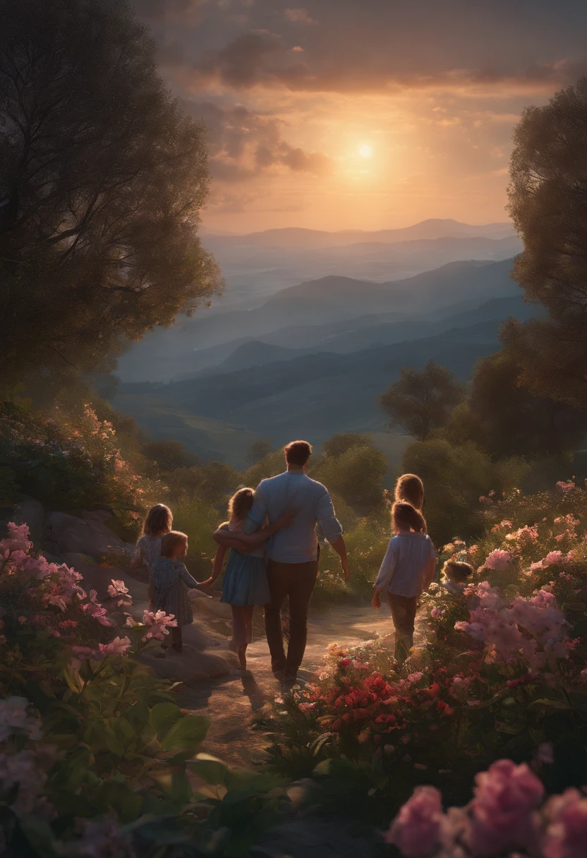 FATHER AND CHILDREN PLAYING, NIGHTTIME, FLOWERS, NATURE, MOONLIGHT, 8K, resolution concept art portrait by Greg Rutkowski, Artgerm, WLOP, Alphonse Mucha dynamic lighting hyperdetailed intricately detailed Splash art trending on Artstation triadic colors Unreal Engine 5 volumetric lighting", K, CAUCASIAN, BLUE EYES, Italy