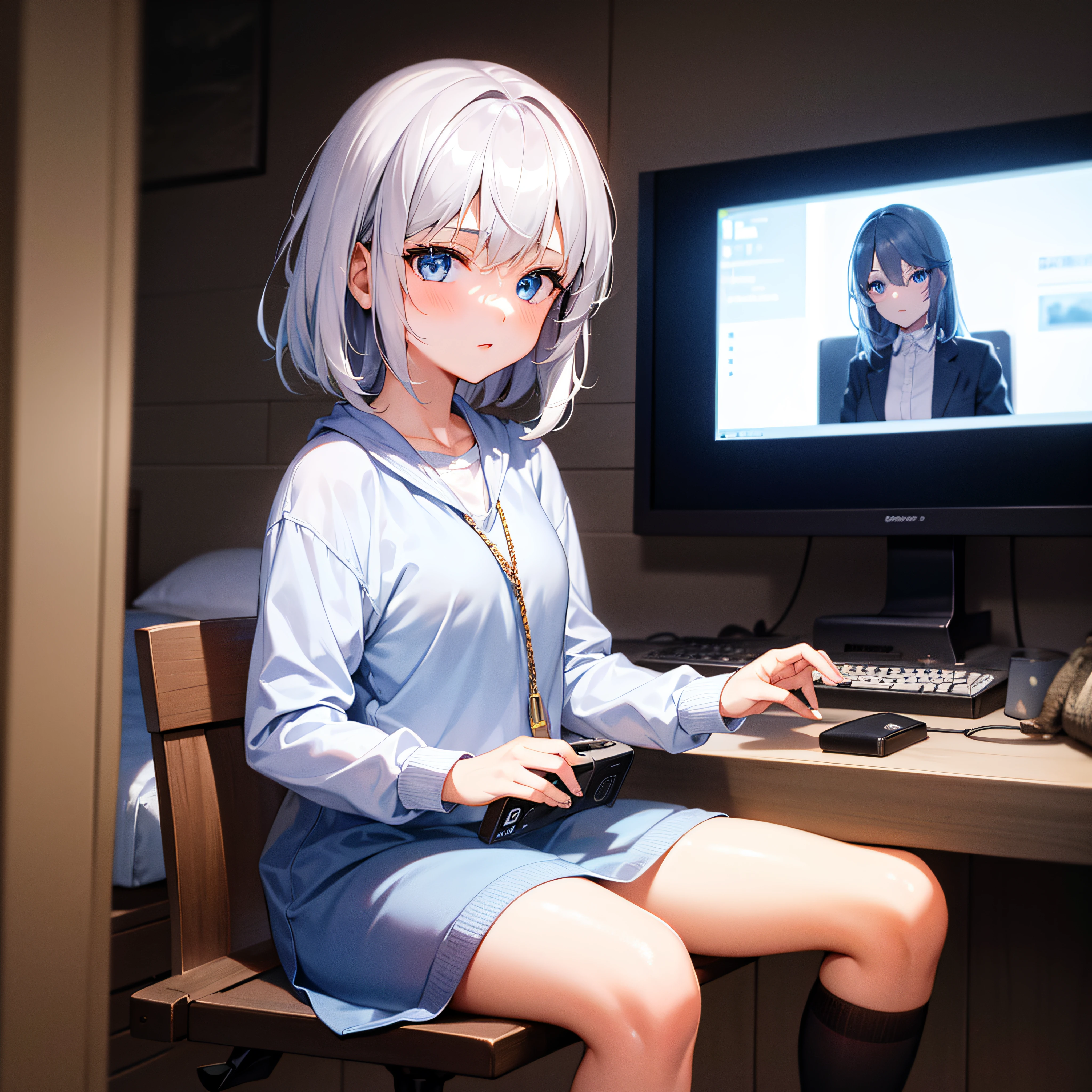 1girl, short gray hair, blue eyes, wearing sci-fi clothes,sit on gaming bedroom, absurdres, high res, ultrasharp, 8K, masterpiece, looking at viewer