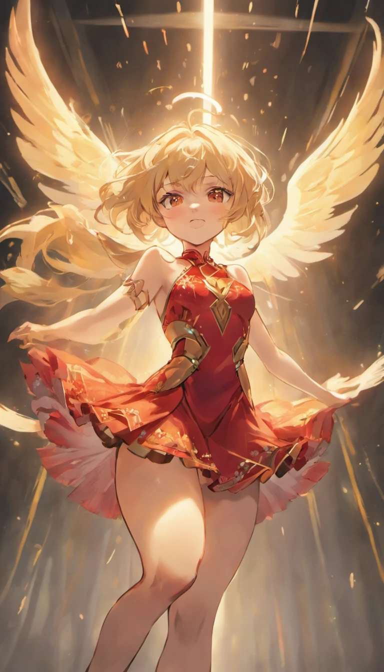 blonde hair, gradient hair, big hair, expressive hair, brown hair, curtained hair, drill hair, hairpin, half-closed eyes, streaming tears, covering ears, smile, Surrealism, Romanticism, motion blur, backlighting, film grain, move chart, dutch angle, from below, bokeh, UHD, masterpiece, high details, high quality，female dancer，prette，delicated，Light light color illusory wings，without wearing shoes，Small red dress，The high-tech battlefield of the future，Fallen soldiers dressed in high-tech warrior uniforms，Two living soldiers fired at gunpoint，Blood-red residual blood hangs high in the upper right night sky，Swing your hands back