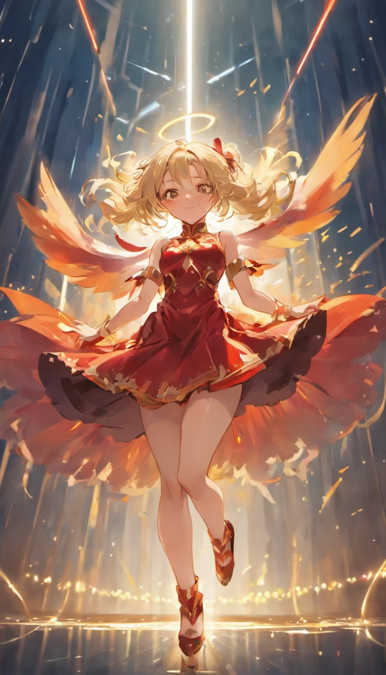 blonde hair, gradient hair, big hair, expressive hair, brown hair, curtained hair, drill hair, hairpin, half-closed eyes, streaming tears, covering ears, smile, Surrealism, Romanticism, motion blur, backlighting, film grain, move chart, dutch angle, from below, bokeh, UHD, masterpiece, high details, high quality，female dancer，prette，delicated，Light light color illusory wings，without wearing shoes，Small red dress，The high-tech battlefield of the future，Fallen soldiers dressed in high-tech warrior uniforms，Two living soldiers fired at gunpoint，Blood-red residual blood hangs high in the upper right night sky，Swing your hands back