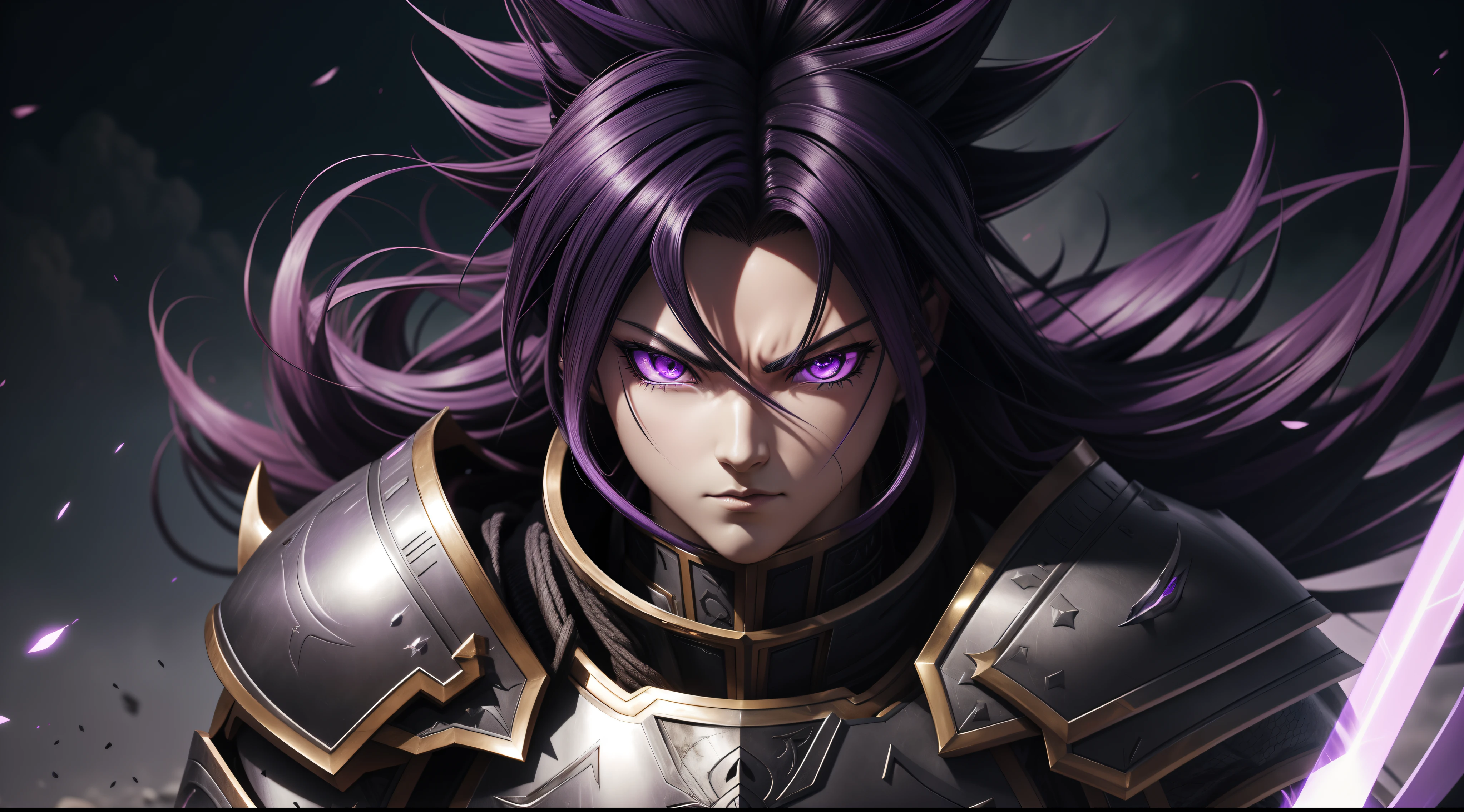 close-up of a person in armor with purple eyes, extreme instincts, detailed digital anime art, gliulian art style, detailed anime character art, badass anime 8k, activated style anime art way, advanced digital anime art, detailed fan art, epic anime style, wild pointed black saiyan hair, 8k detailed digital art, advanced anime digital art