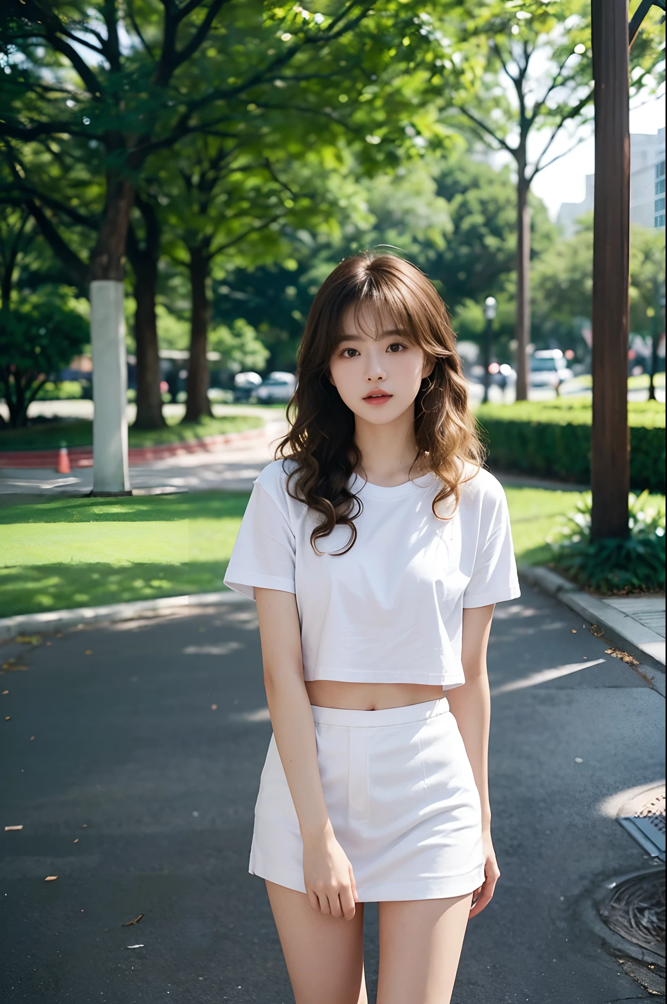 18yo woman、The long-haired、RAW Photography、bokeh dof(真实感:1.4、realisitic)、high-definition CG unified 8K wallpapers、1girl in、((Slim body:1))、(small tits:1)、Back to viewers、((Direct view from the front))、(HQ Skins:1.4)、8k UHD、Digital SLR、softlight、hightquality、film grains、FujifilmXT3、((white t-shirts、Black short skirt))、 ((outside of house、on the park)))jangjoo、portlate、((Middle haircut、Curly hair、Blonde and brown gradient hair、small tits:1.2))、(Look at viewers:1.4)、(full bodyesbian:1.8)