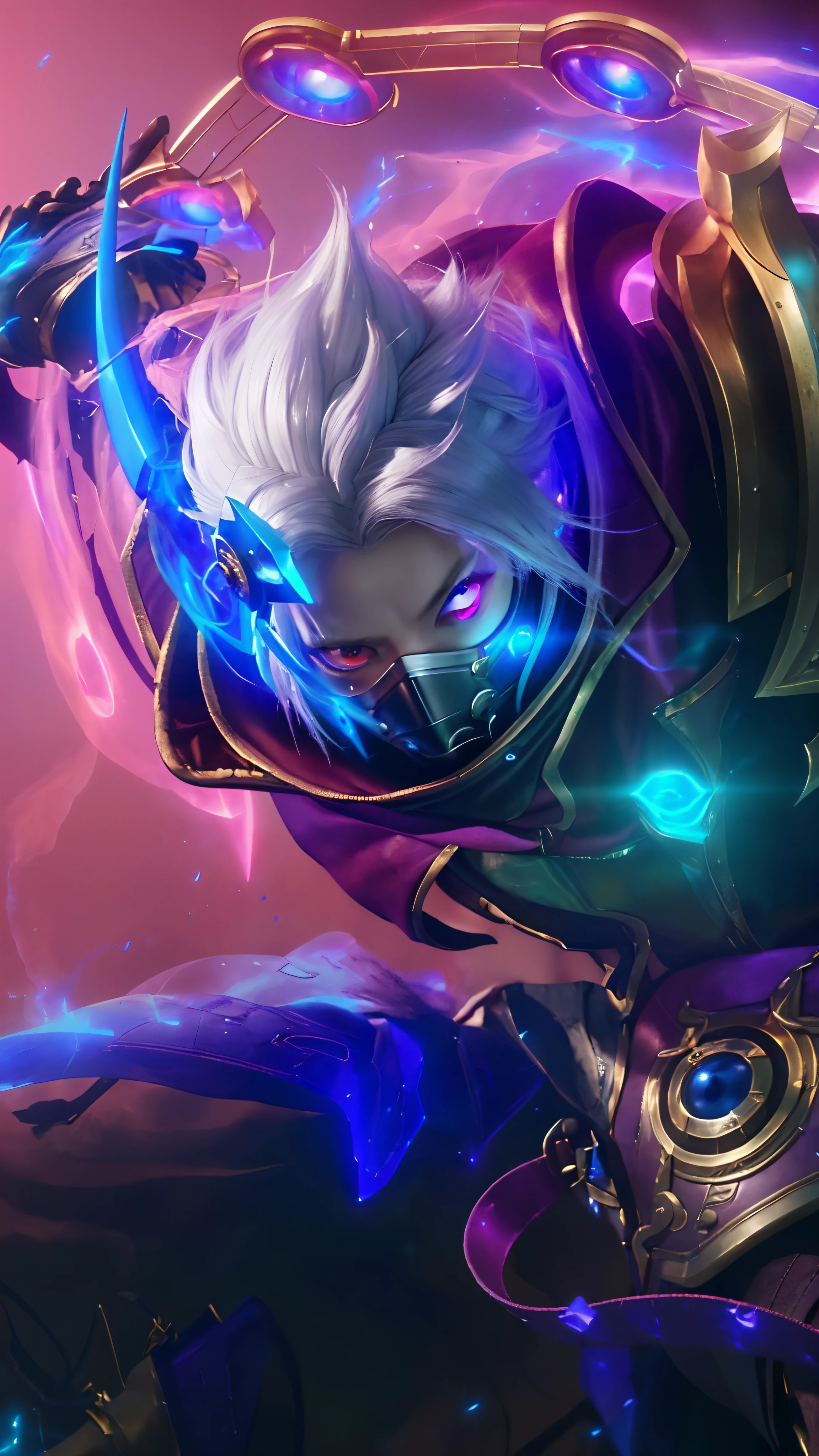 a close up of a boy with a steampunk mask on, velvet background, realistic suit, ezreal (league of legends, realism art, mobile legends, riot game, style league of legends, inspired by Li Shida, fighting game character, tracer, league of legends character, gold paladin, wukong, wild rift, purple and blue color, glow particle, white hair color, realistic suit masterpiece, sword, realistic sword, realism masterpiece, natural lighting, strong realistic texture, strong red eye glow (red eye:1.2), lots hair